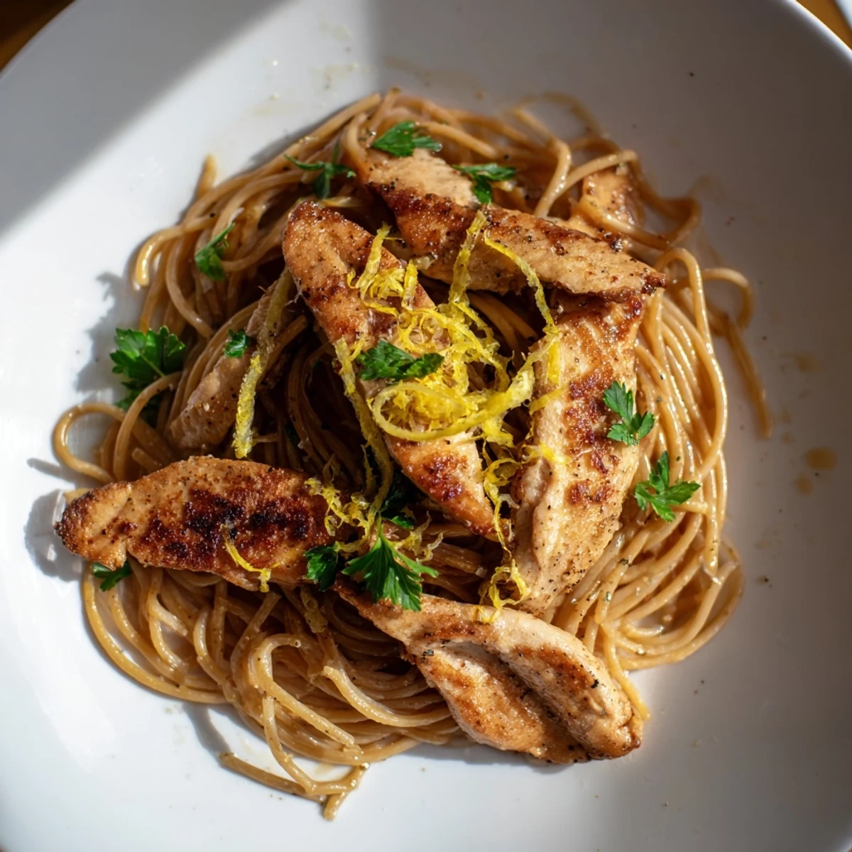 A close-up of golden brown butter lemon chicken pasta garnished with lemon wedges on a rustic table.