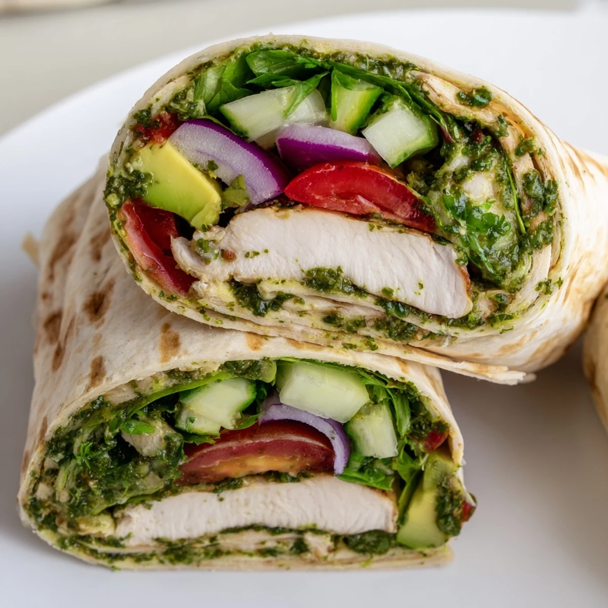 A grilled slice of Chimichurri Chicken Salad Wrap shows bright green sauce, crisp greens, and tomato.