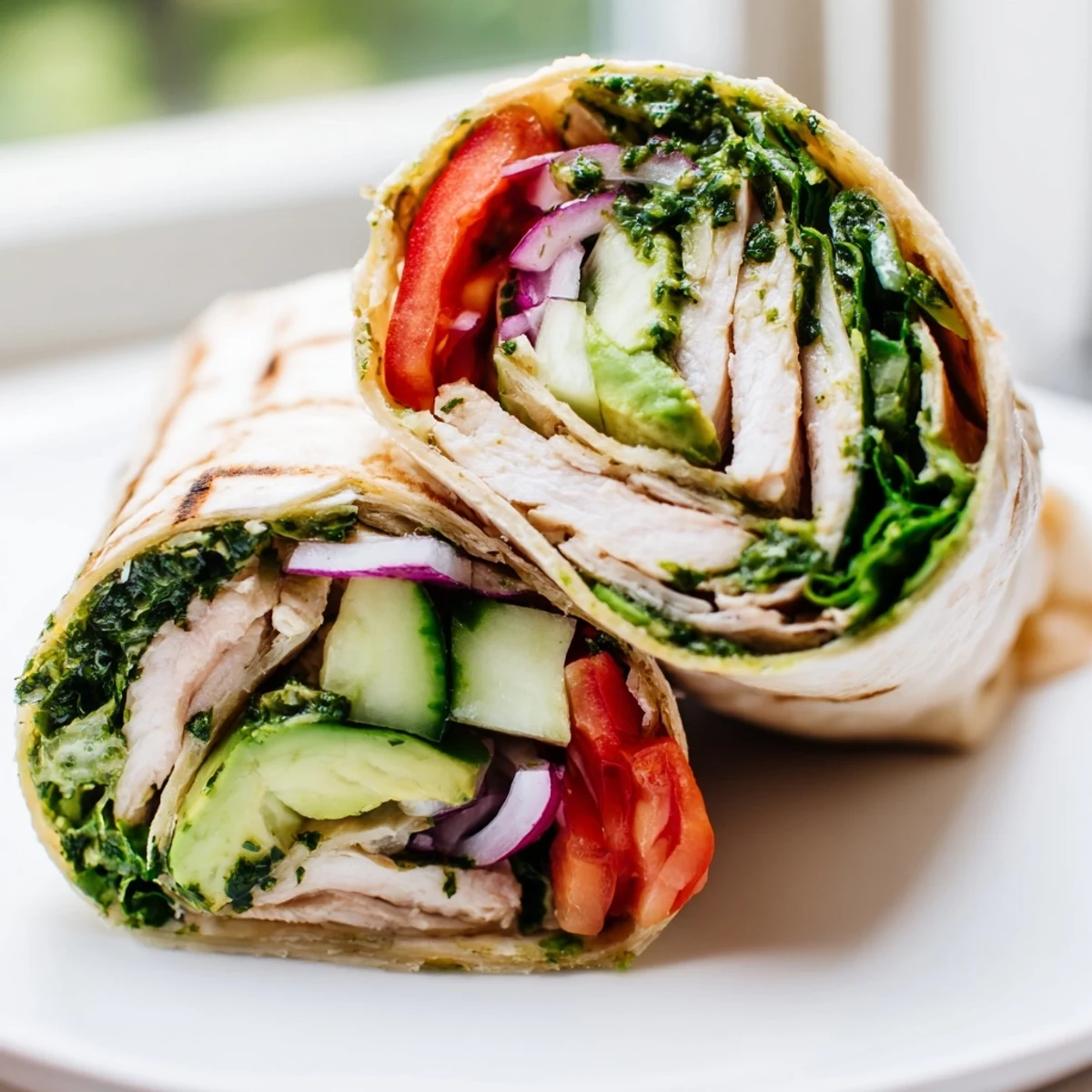 Freshly rolled Chimichurri Chicken Salad Wrap stuffed with grilled chicken, lettuce, cucumber, and avocado.