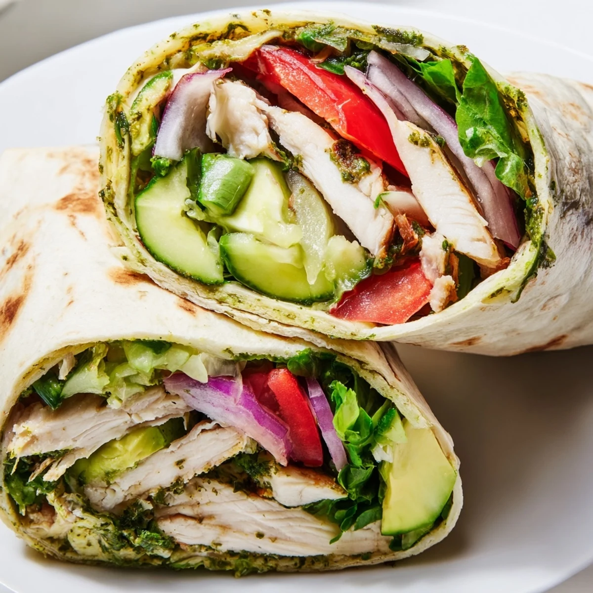 Cut in half, the Chimichurri Chicken Salad Wrap reveals juicy chicken and herby sauce in a tortilla.