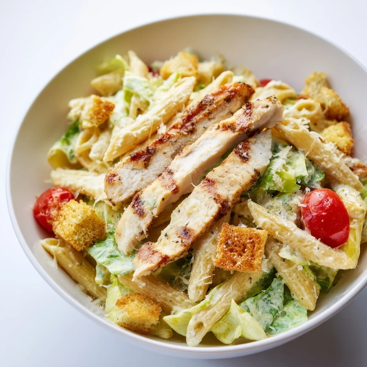 A vibrant Caesar Pasta Chicken Bowl features sliced grilled chicken, al dente pasta, and crisp romaine tossed in creamy dressing.
