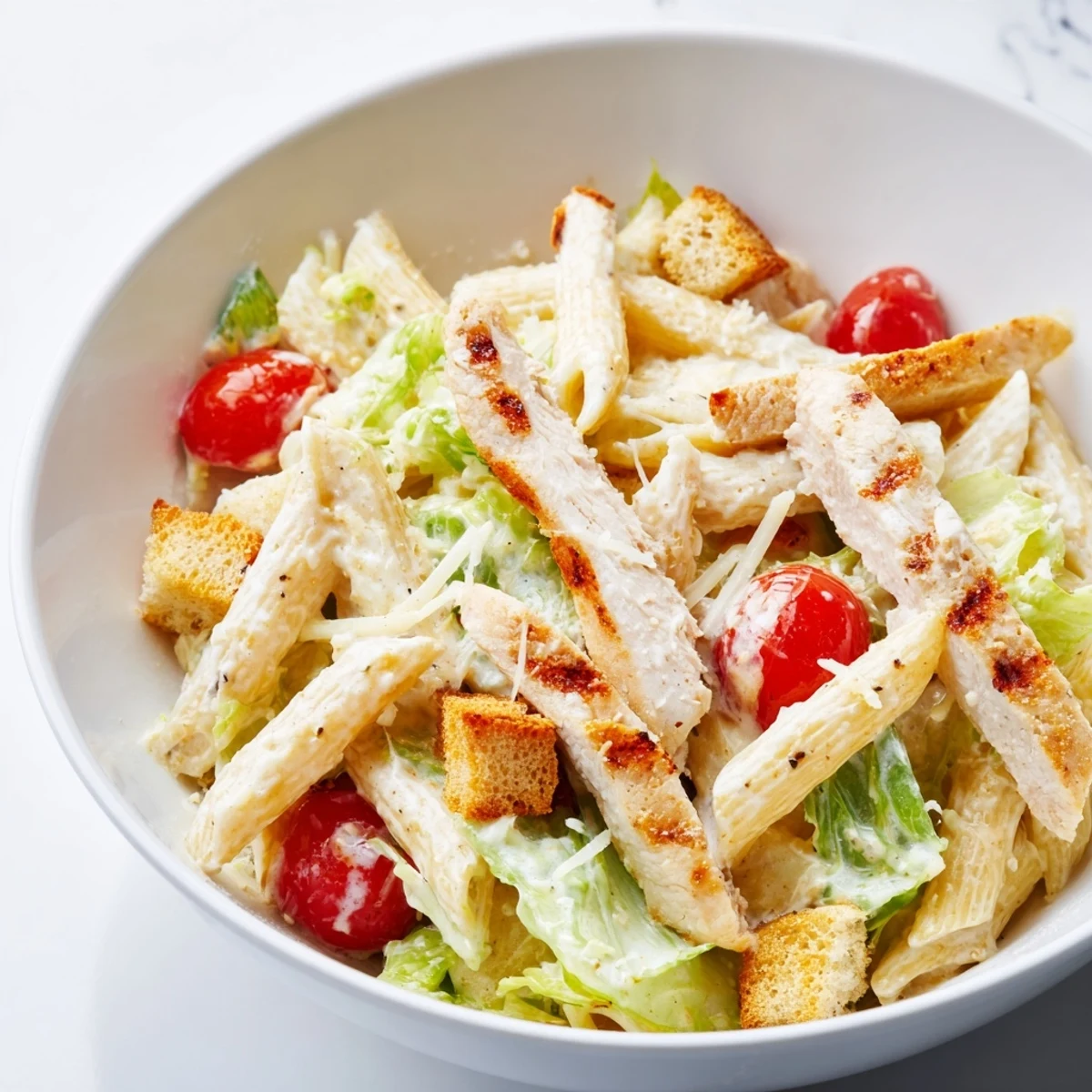 A hearty Caesar Pasta Chicken Bowl with tender grilled chicken, chopped romaine, and golden croutons for a satisfying main dish.
