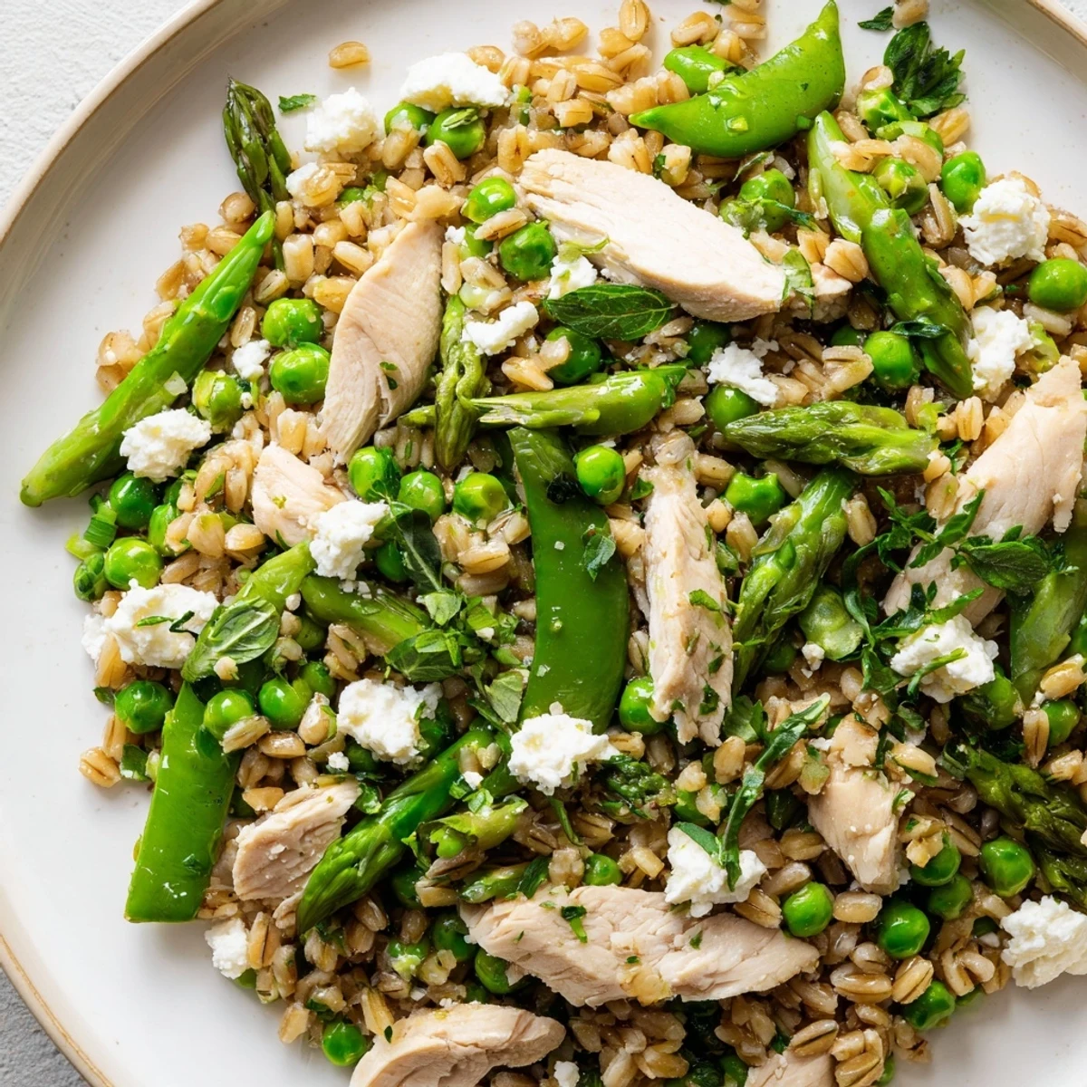 Sliced grilled chicken, tender farro, bright green peas, and crisp asparagus tossed with arugula in a lemon vinaigrette for a fresh spring salad.