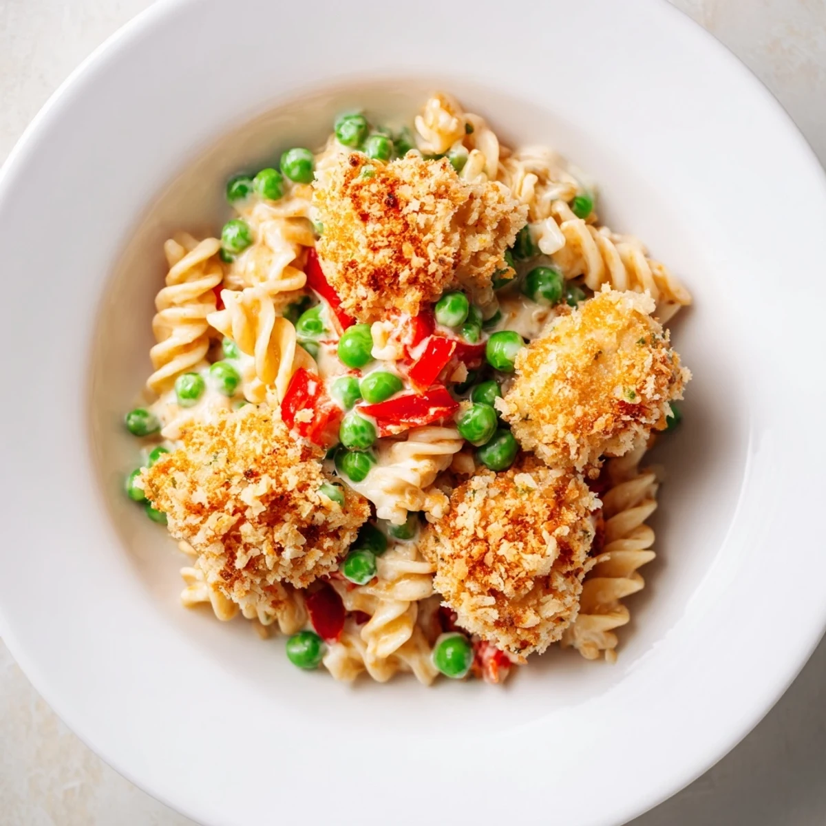 Golden crispy chicken pieces are tossed with rotini pasta, sweet peas, and red bell pepper in a creamy ranch dressing.