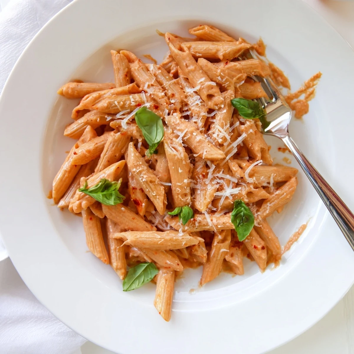 A close-up of creamy roasted red pepper pasta twirled on a fork, showing the velvety orange sauce.  