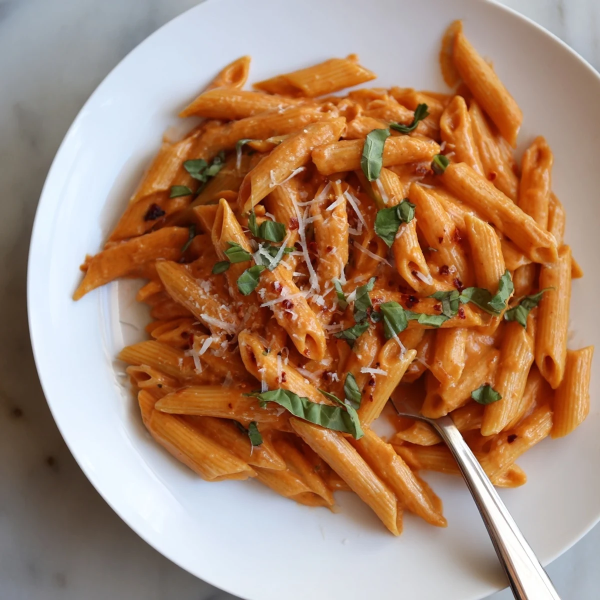 Creamy roasted red pepper pasta in a white bowl, garnished with fresh basil and a sprinkle of Parmesan cheese.  
