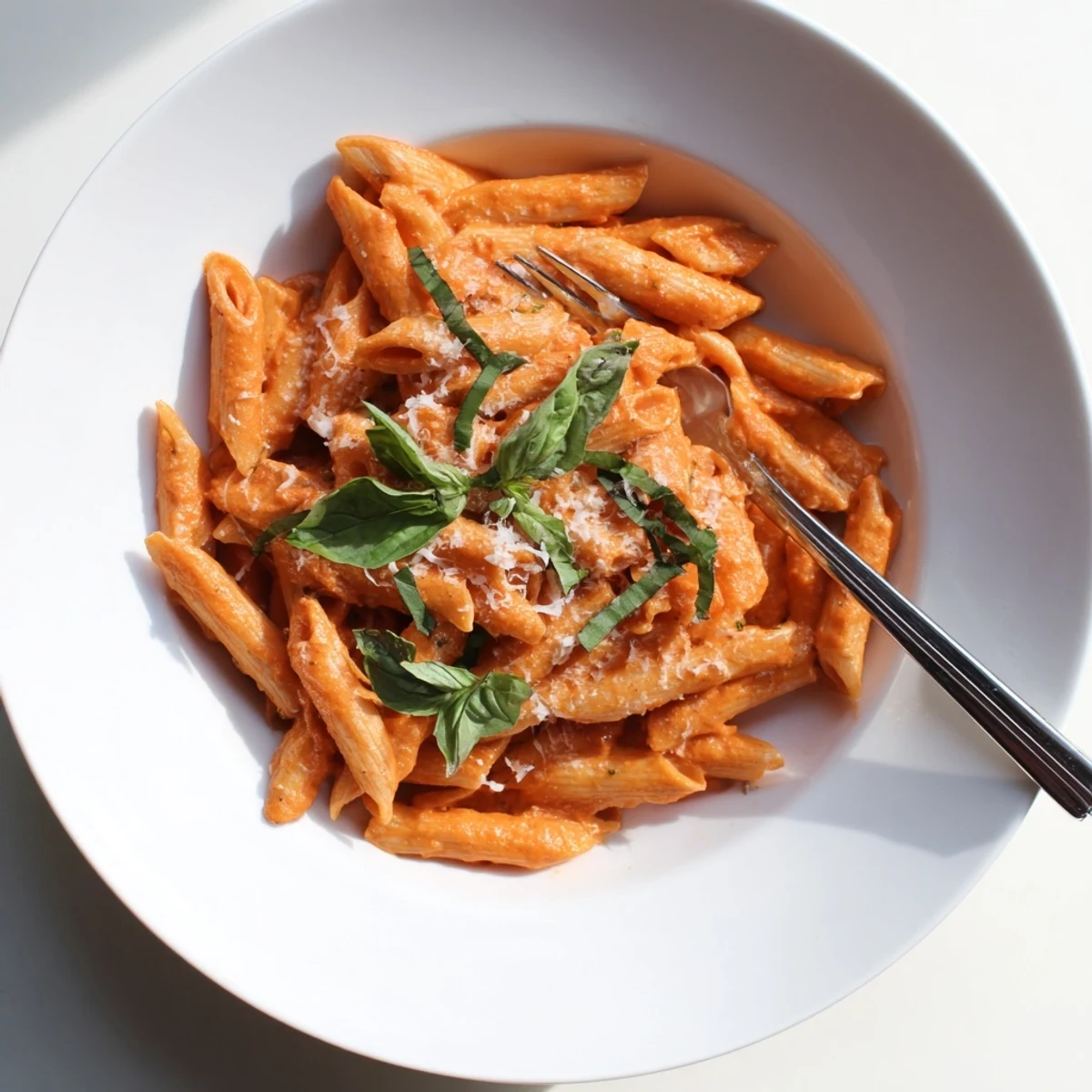 Steaming plate of creamy roasted red pepper pasta with chopped basil, ready to serve for dinner.