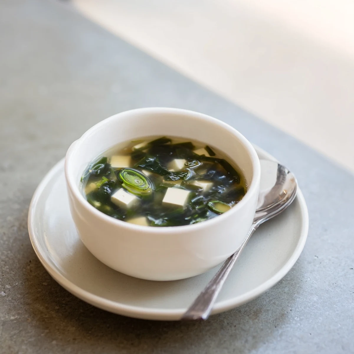 Tender wakame seaweed and soft tofu float in a warm, savory dashi broth, garnished with fresh scallions.