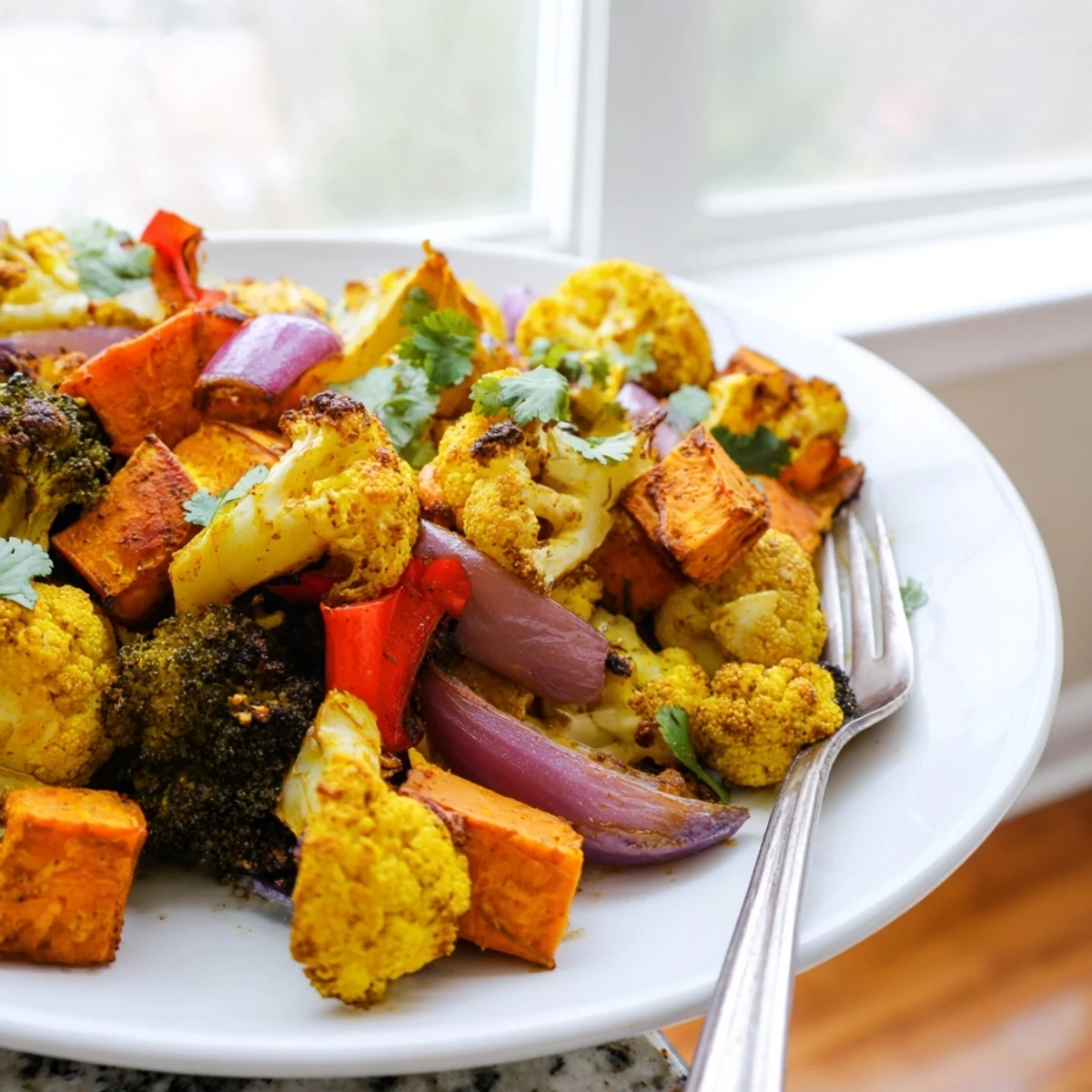 A vibrant bowl of Anti-Inflammatory Turmeric Roasted Vegetables featuring golden cauliflower, broccoli, and sweet potatoes seasoned with warming spices.  