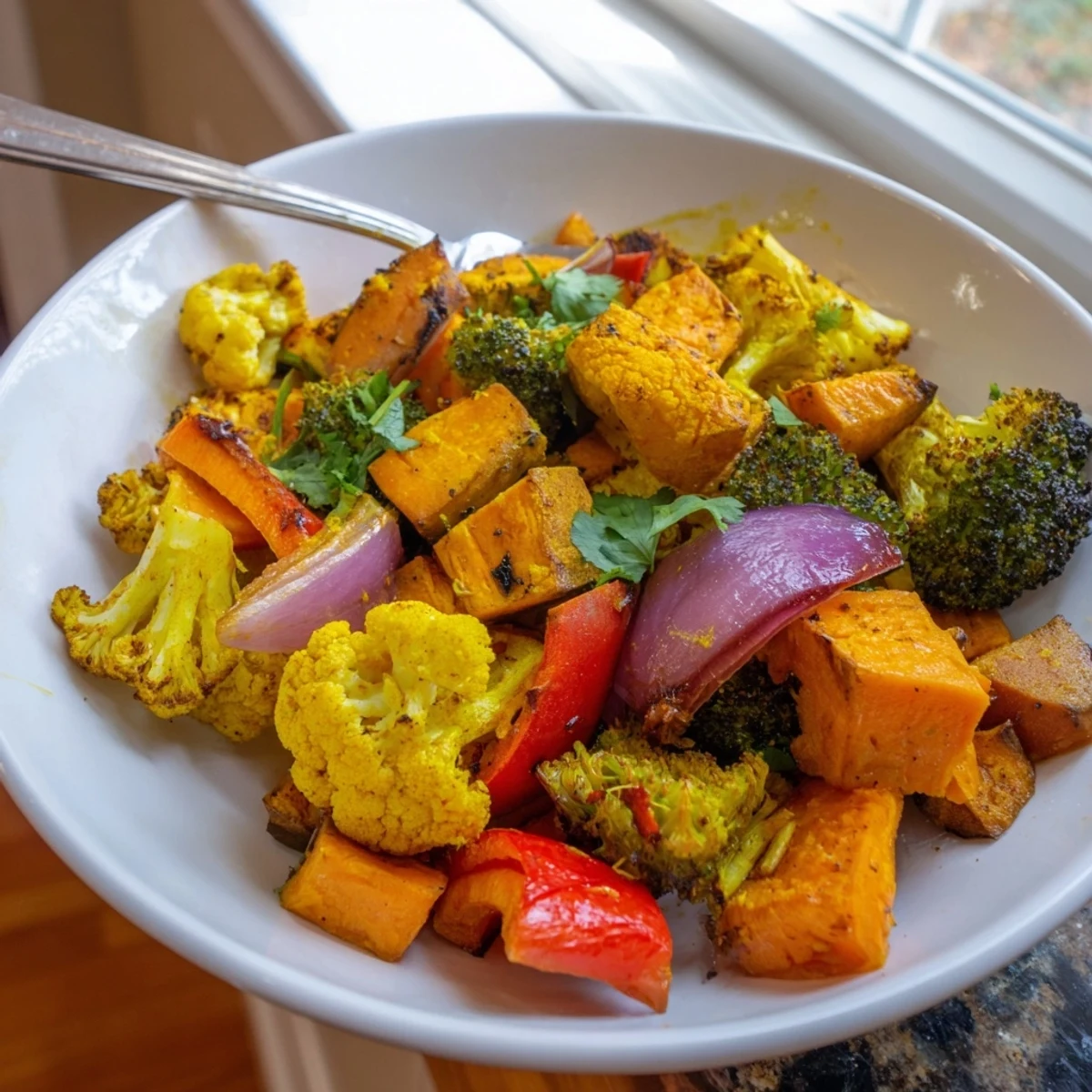 This easy Anti-Inflammatory Turmeric Roasted Vegetables recipe is served over fluffy quinoa, garnished with fresh cilantro and a bright lemon drizzle.  