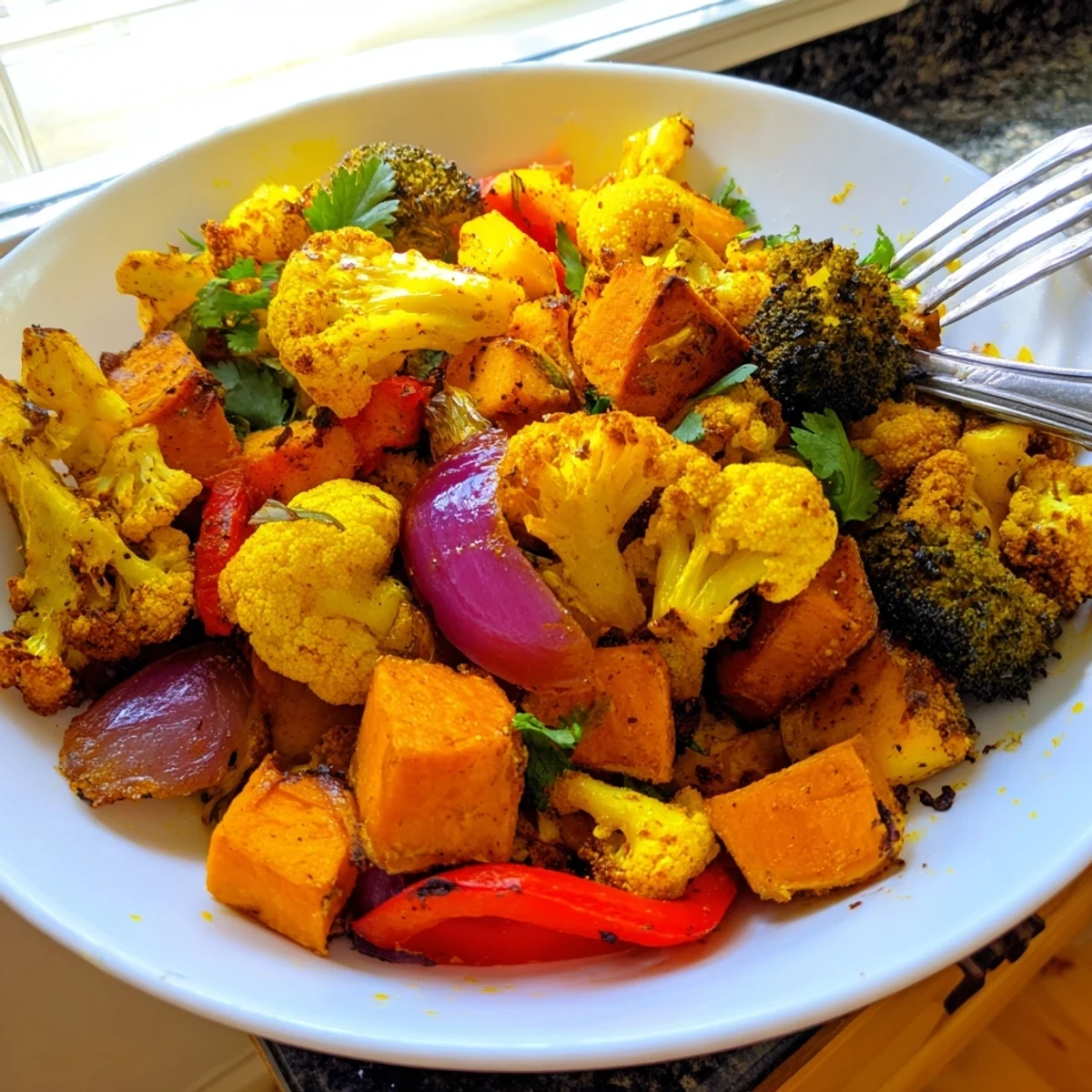 Colorful Anti-Inflammatory Turmeric Roasted Vegetables fresh from the oven, displaying caramelized edges and fragrant spices on a rustic serving platter.