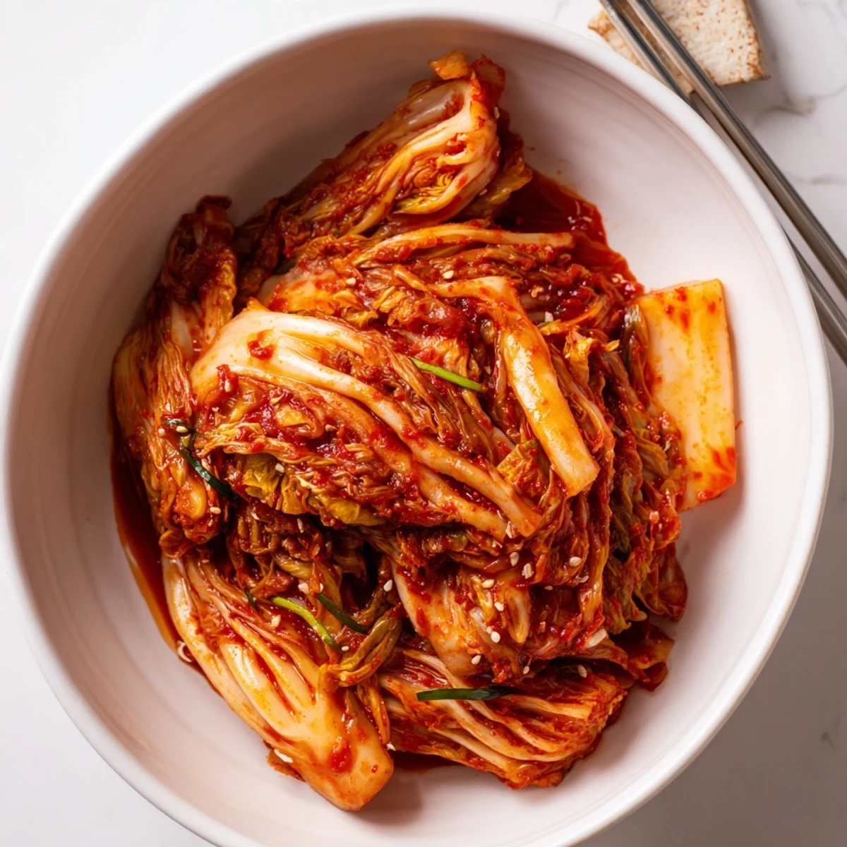 Freshly made kimchi showing vibrant red chili paste coating crisp napa cabbage and daikon radish in a glass jar.
