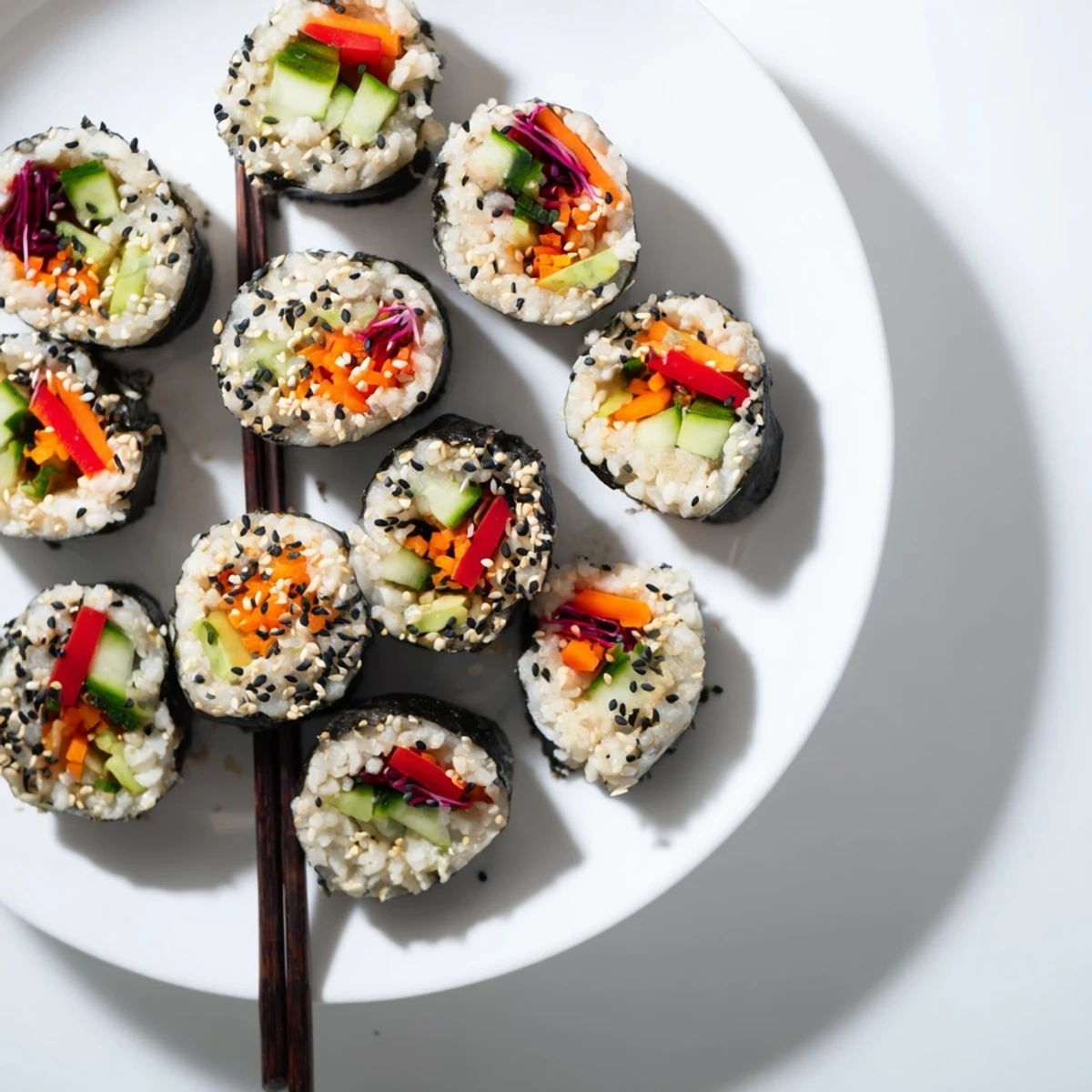 Crisp nori rolls with vegetables filled with creamy avocado, julienned carrots, and crunchy sprouts, served on a bamboo mat with a dipping sauce.