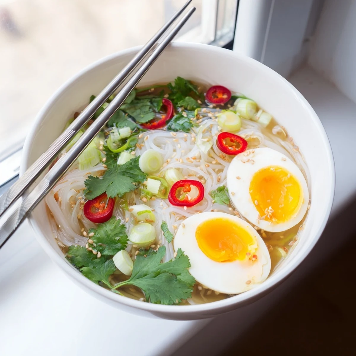 A close-up of Shirataki Noodles With Broth featuring soft-boiled egg halves and fresh herbs in a steaming bowl.  
