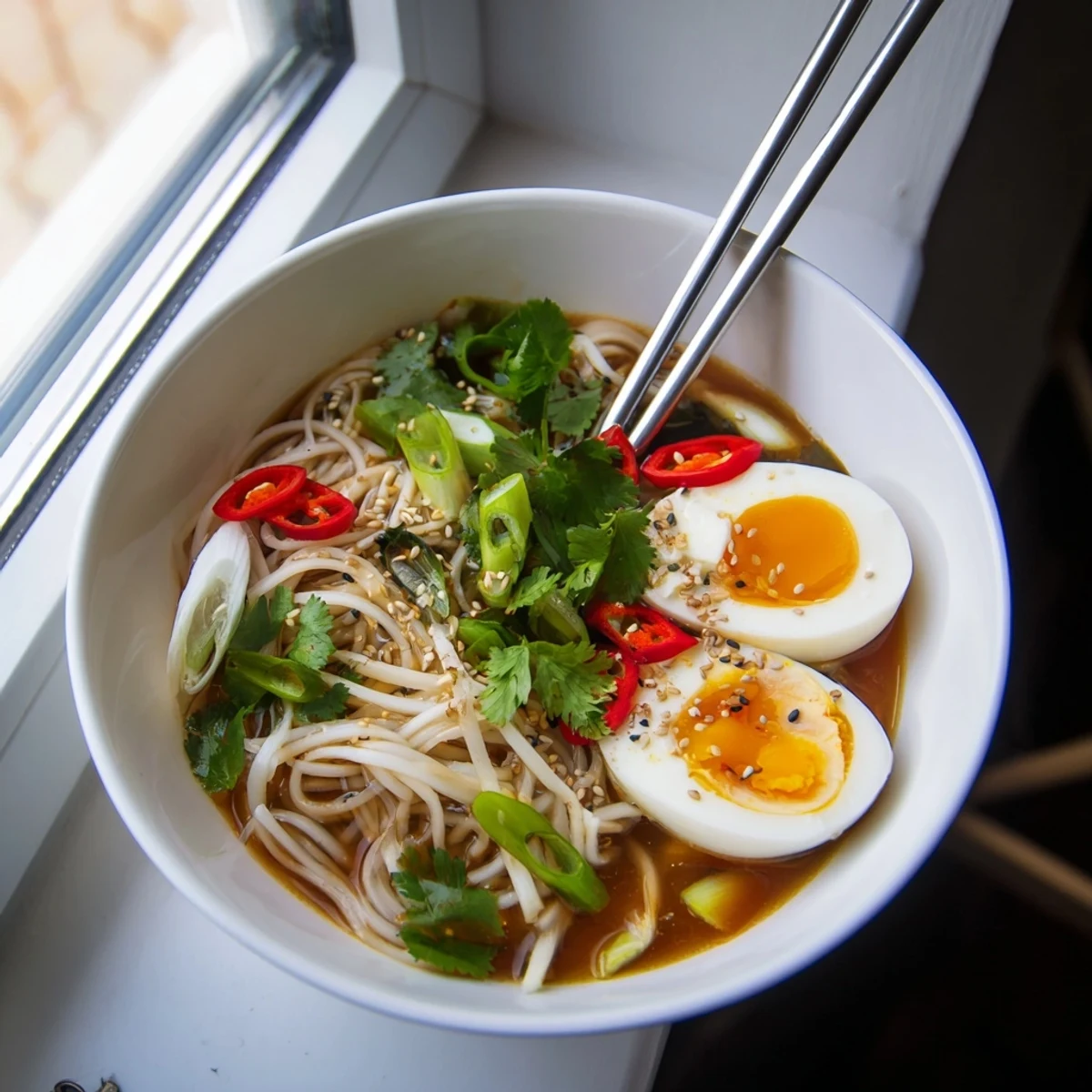 Enjoy a light, savory bowl of Shirataki Noodles With Broth garnished with green onions for a healthy weeknight dinner.