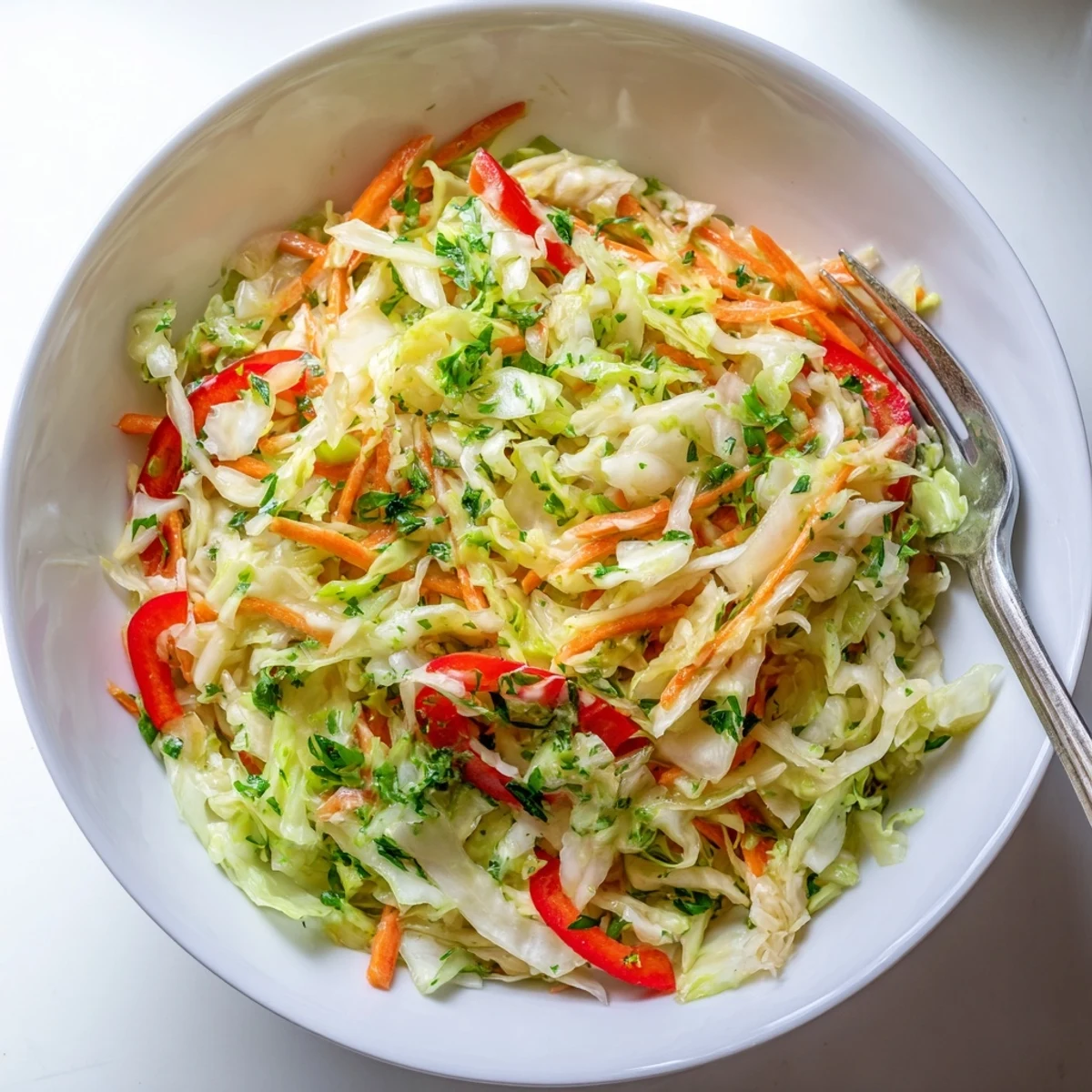 A vibrant green Sauerkraut Slaw featuring red bell pepper slices and fresh parsley, ready to serve.
