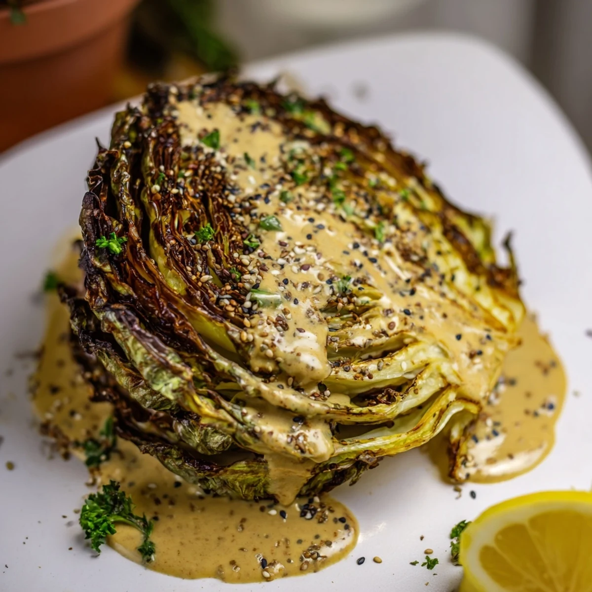 Roasted cabbage steaks with tahini garnished with lemon wedges, fresh parsley, and toasted sesame seeds close-up.  