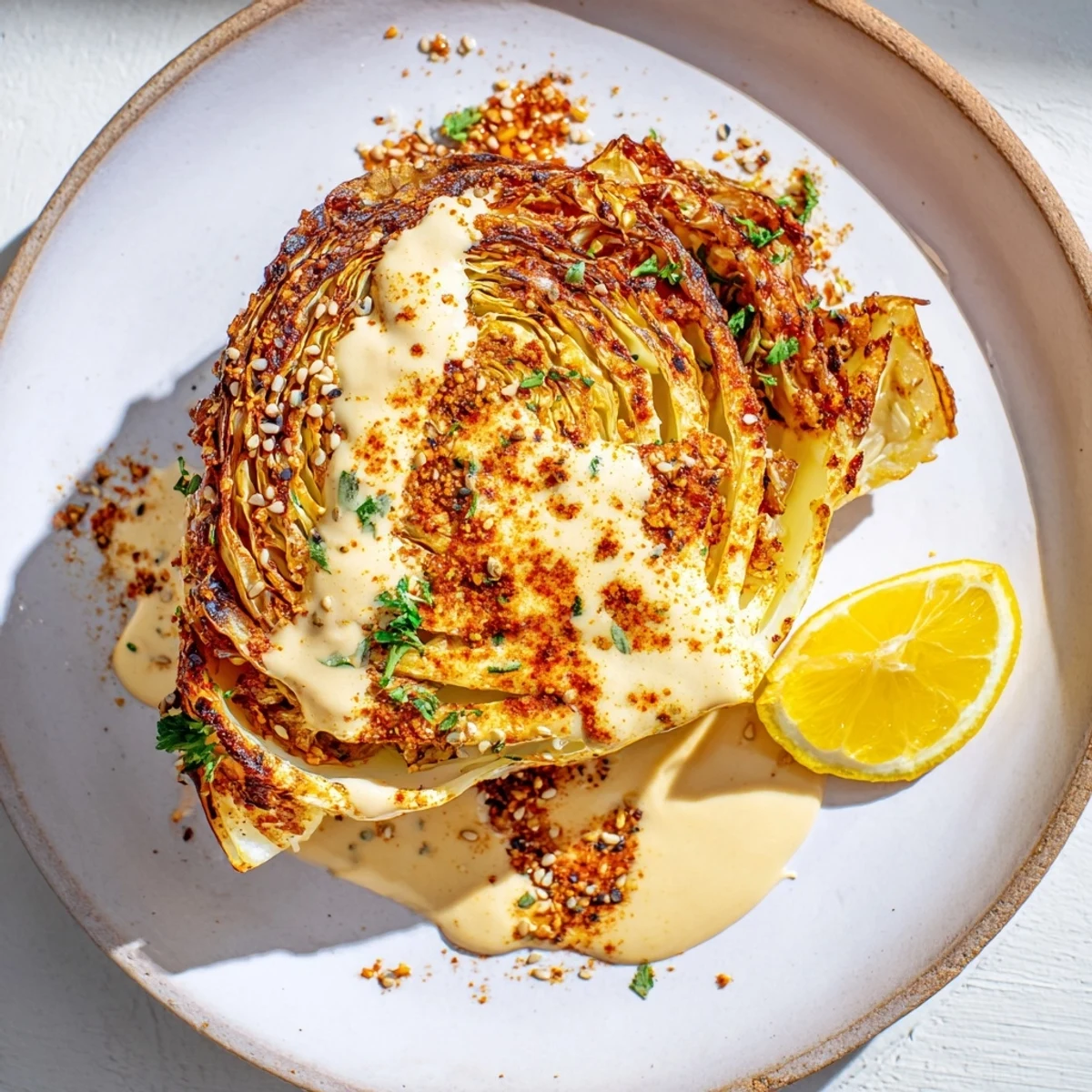 Freshly roasted cabbage steaks drizzled with tahini sauce on a baking sheet, ready to serve warm.