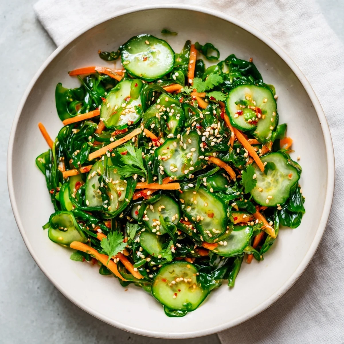 Vibrant vegan seaweed salad featuring tender wakame, scallions, and chili flakes, perfect as a light appetizer or chilled side dish.