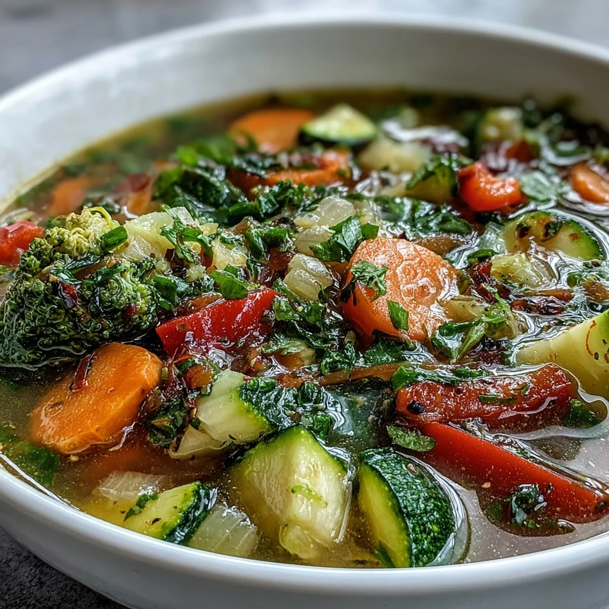 Bright orange carrots and green broccoli float in a steaming bowl of Ginger Vegetable Soup, garnished with fresh cilantro. 