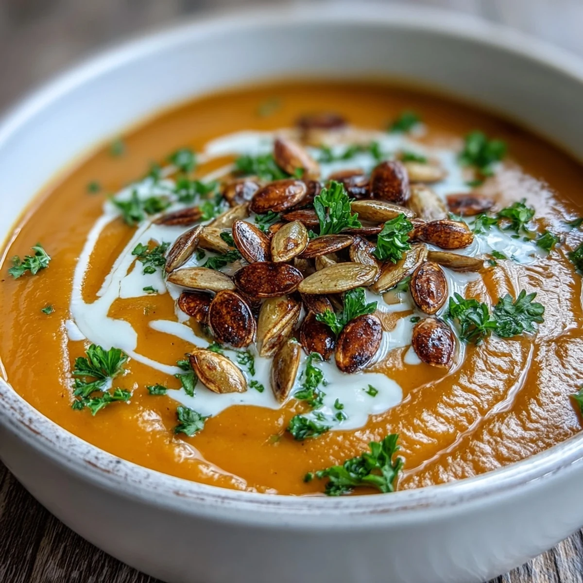 Velvety Pumpkin Soup garnished with toasted seeds and cream swirls in a rustic bowl.