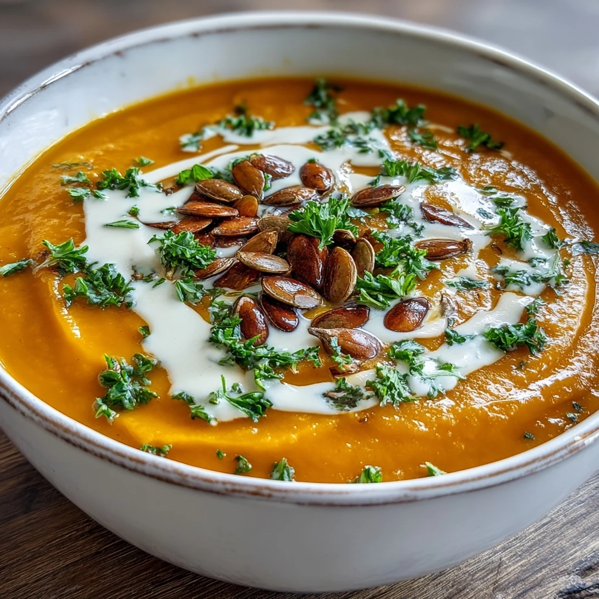 A close-up of rich Pumpkin Soup, blended smooth and topped with warming spices.