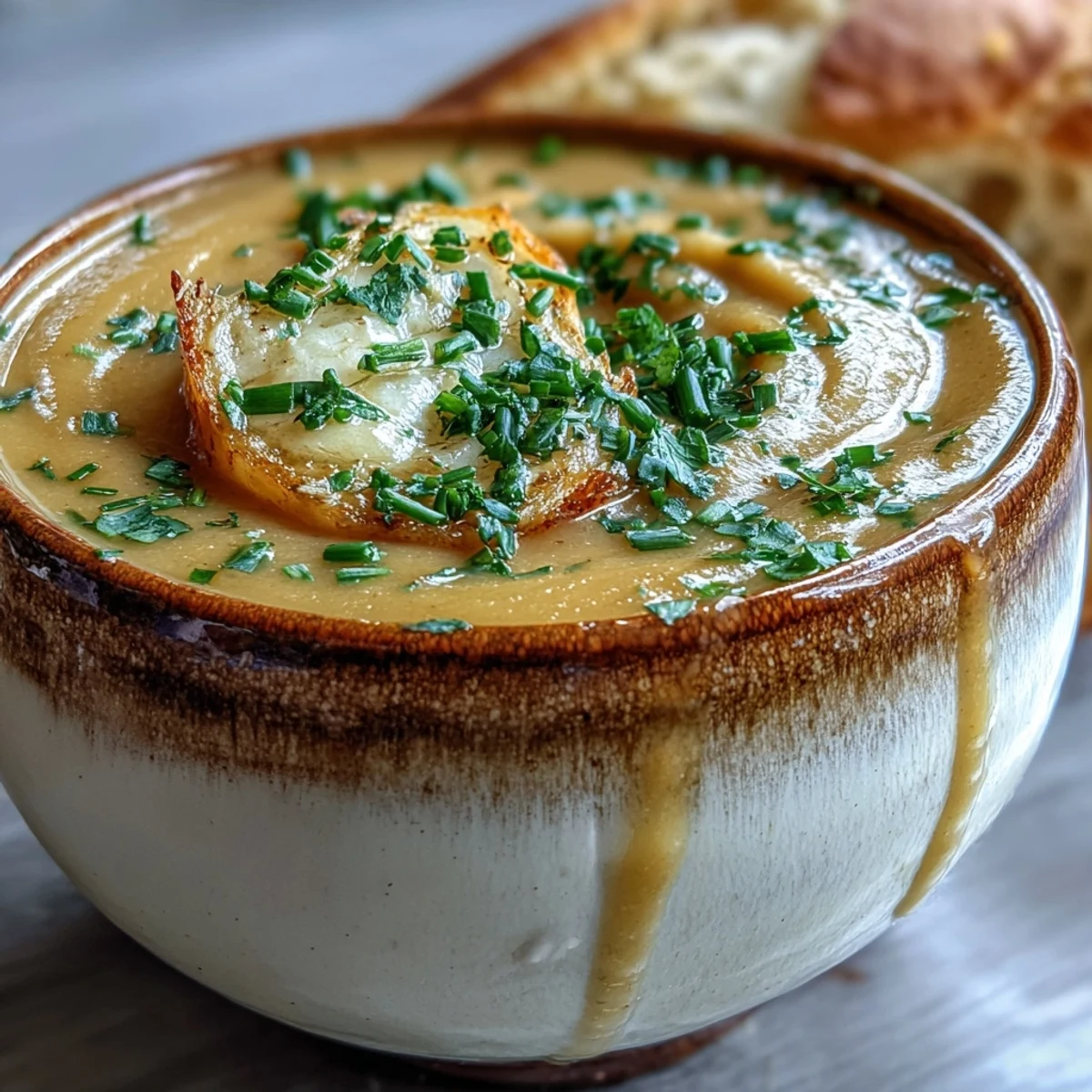 Roasted Garlic and Herb Soup simmering in a pot, showcasing golden, tender potatoes and deep, aromatic flavors ready to be blended.