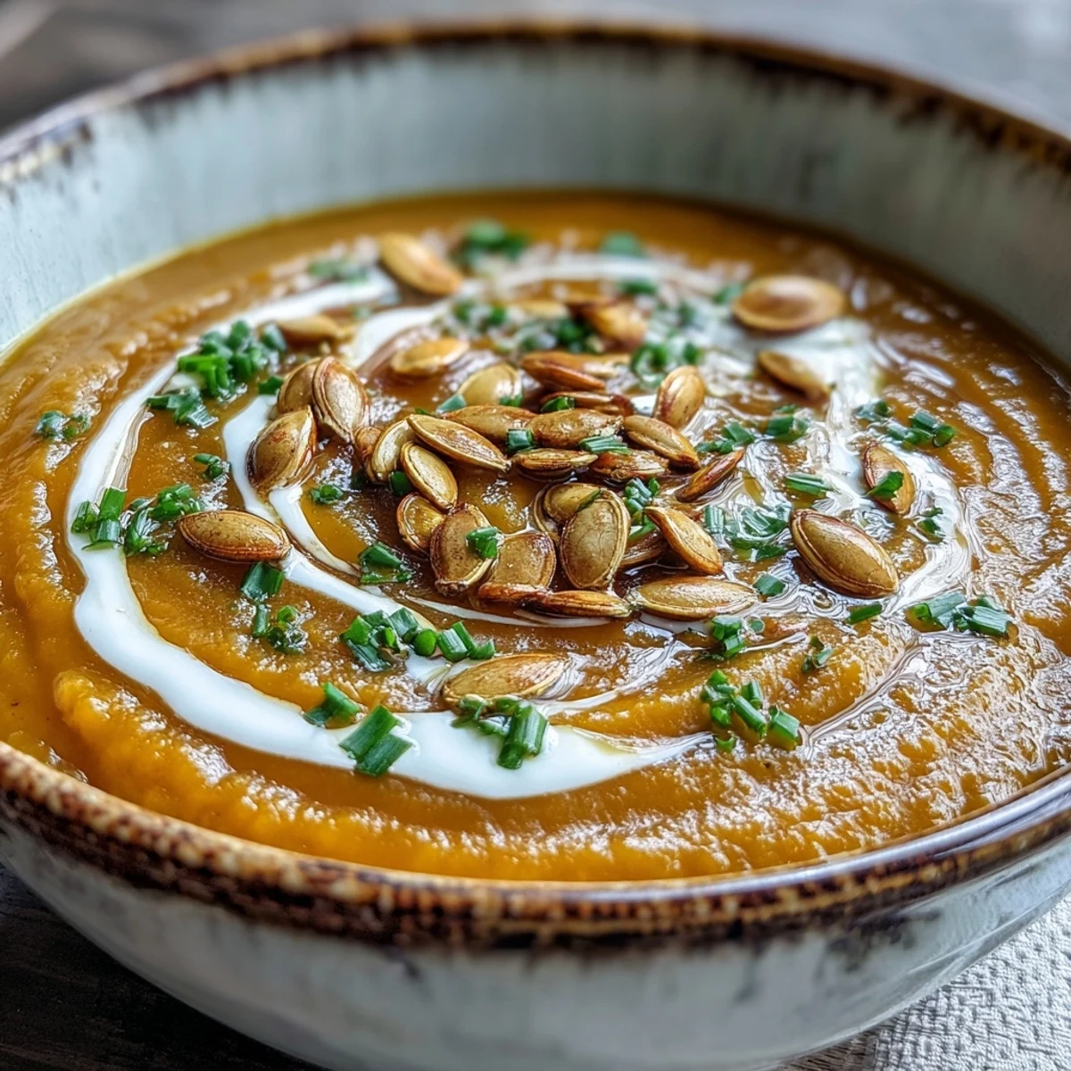 Silky smooth acorn squash soup served with a creamy drizzle and crusty gluten-free bread.
