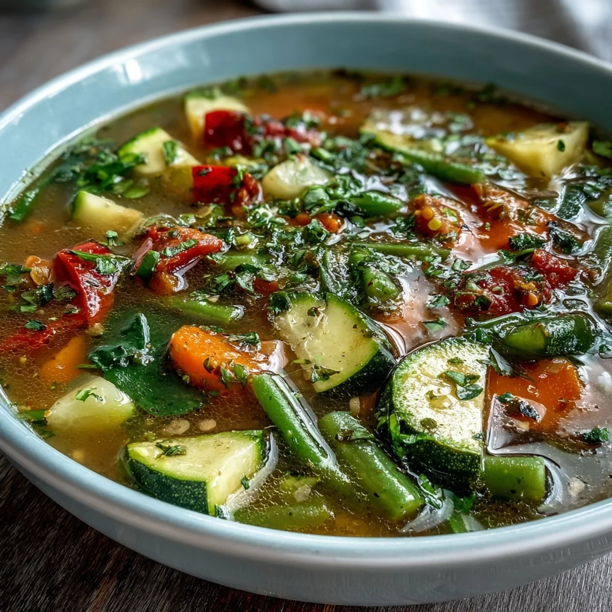 A hearty bowl of Italian Herb Vegetable Soup with carrots, spinach, and beans in a rich tomato broth.