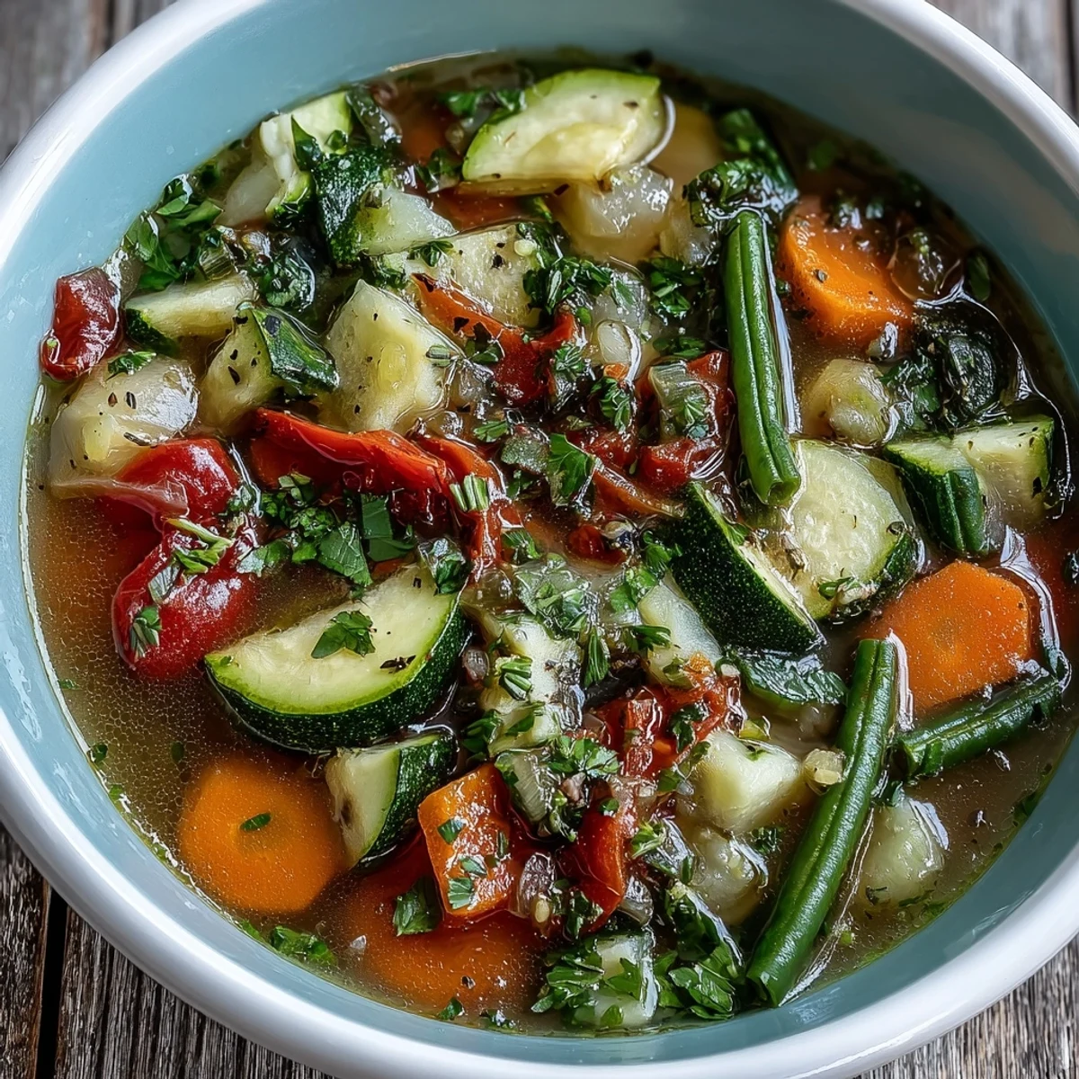 Close-up of Italian Herb Vegetable Soup featuring colorful Mediterranean vegetables, served warm for a comforting lunch.