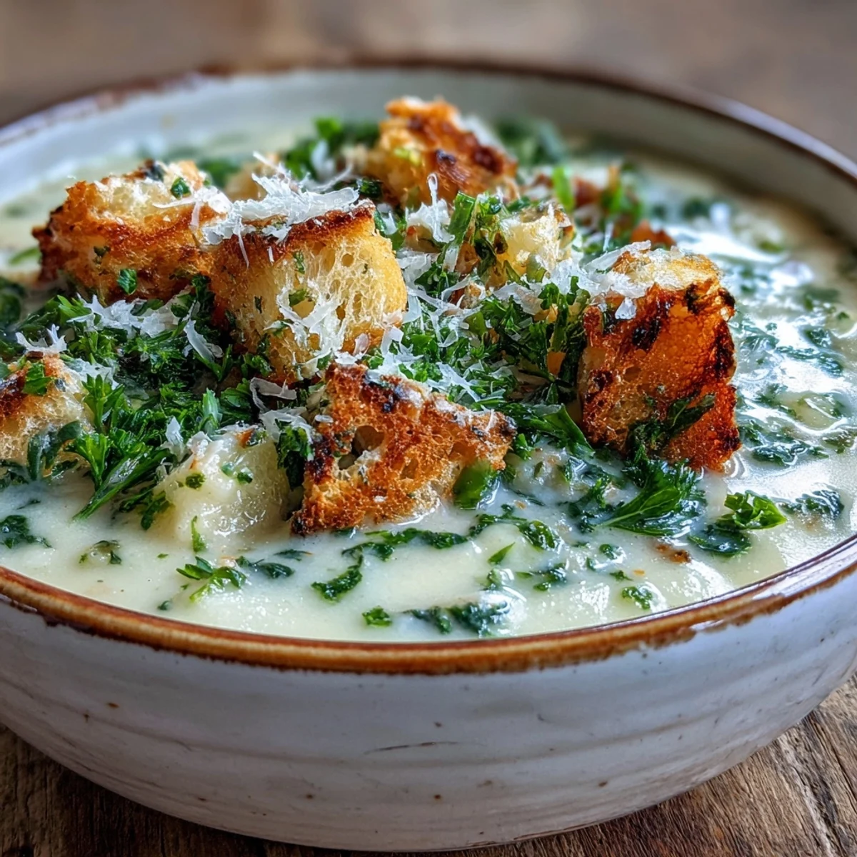 Pureed Garlic and Herb Soup with chives and Parmesan, served alongside crusty bread for a cozy lunch.