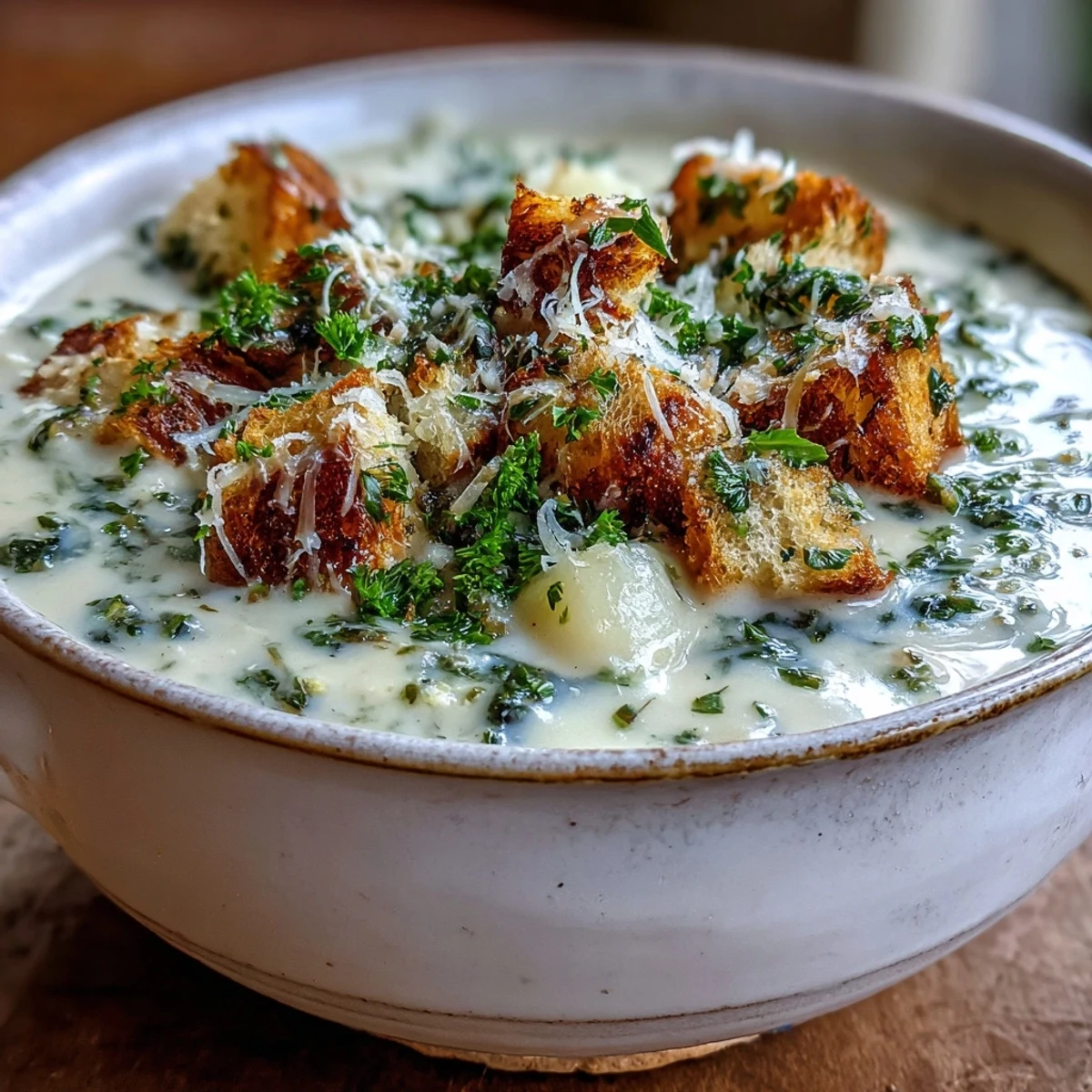 Sliced potatoes and sautéed garlic in Garlic and Herb Soup, simmered with thyme and finished with milk.