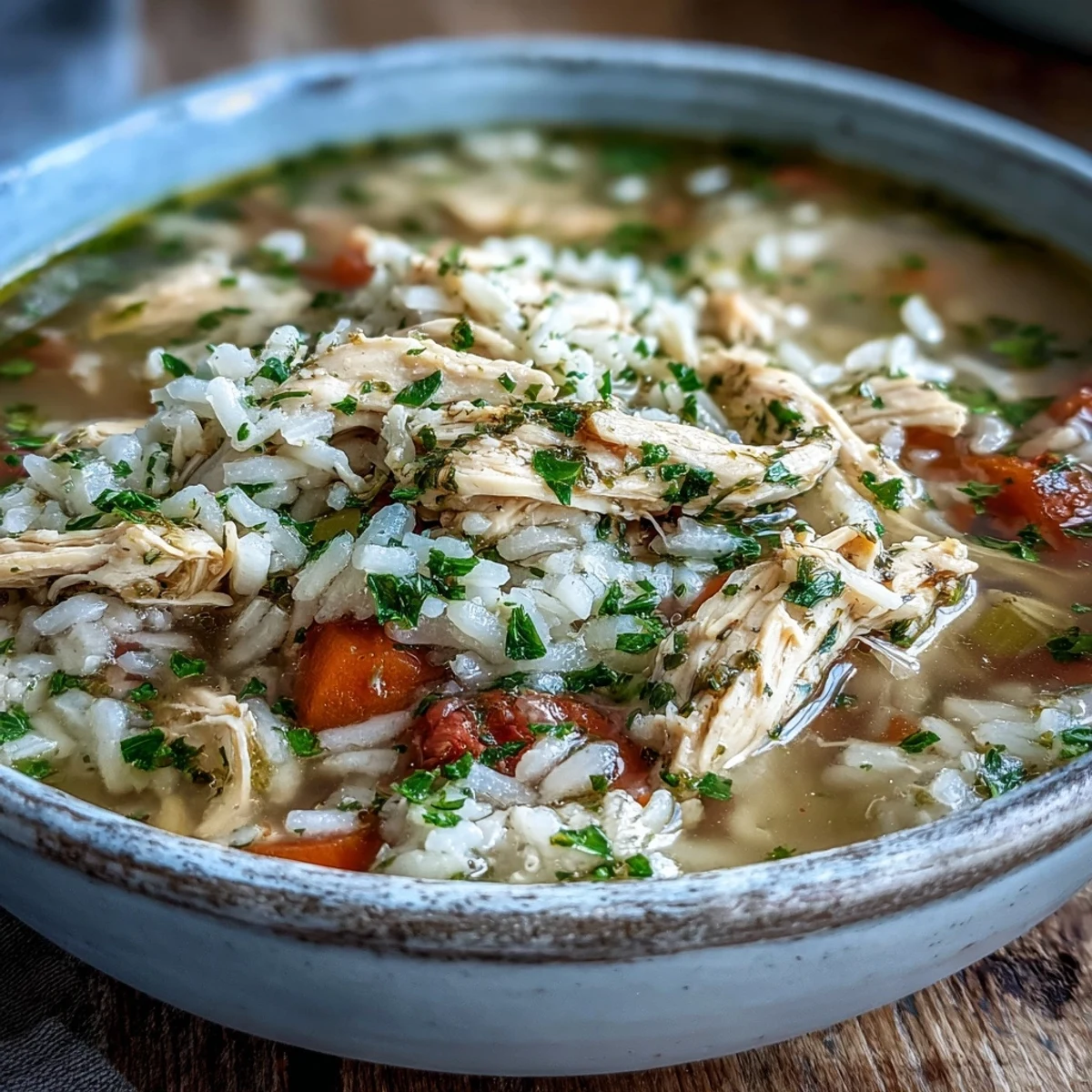 Close-up of Cozy Winter Chicken and Rice Soup ladle, featuring tender carrots and celery in rich broth.