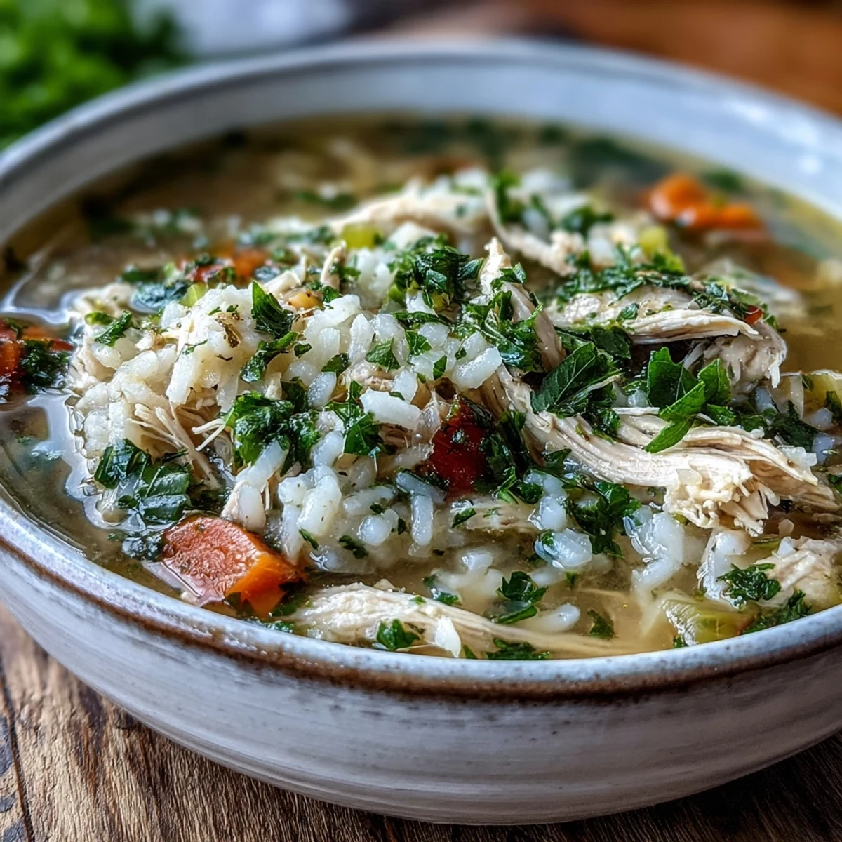 Cozy Winter Chicken and Rice Soup served in white bowls on a linen napkin with crusty bread.