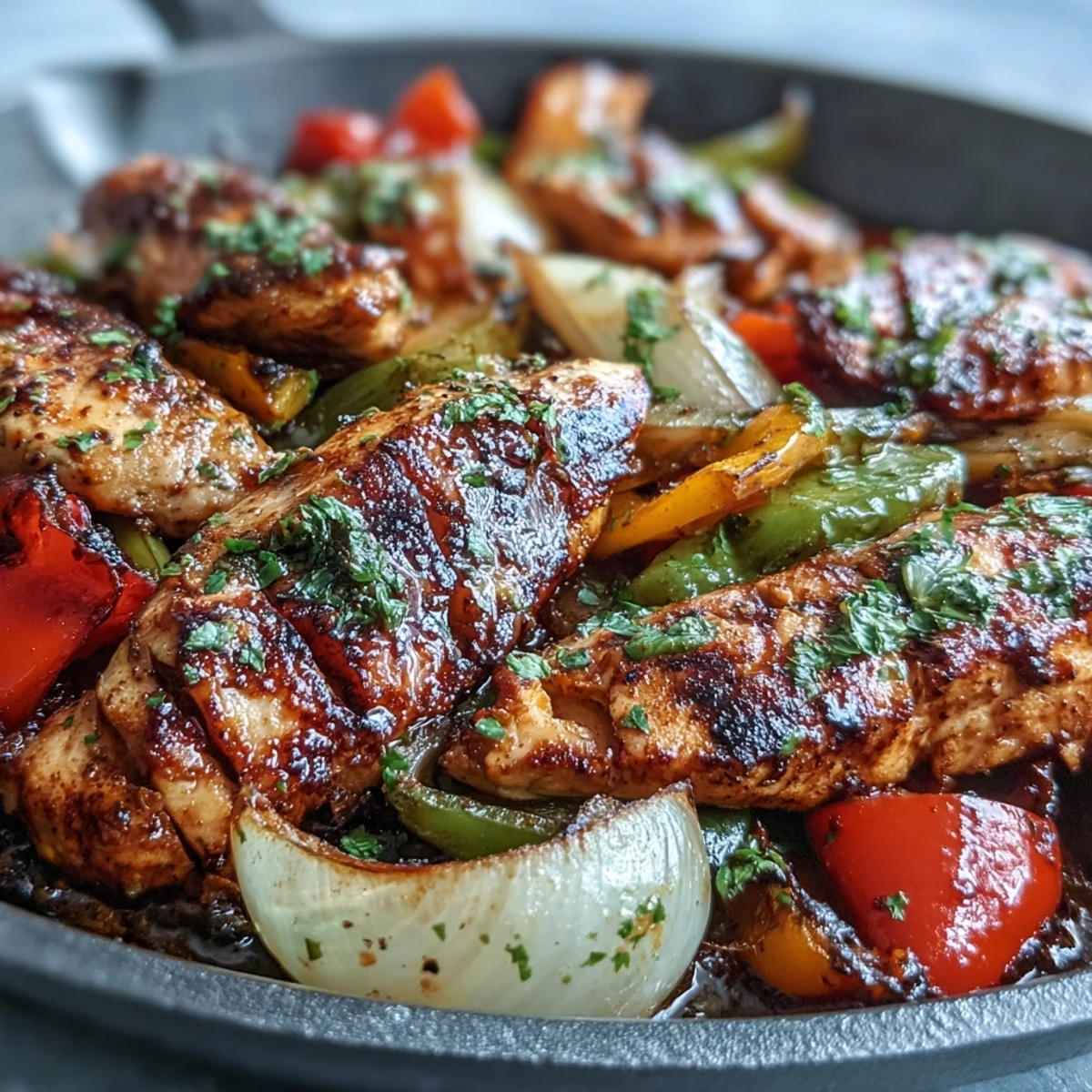 A close-up of tender Easy Chicken Fajitas with charred vegetables ready to be wrapped.