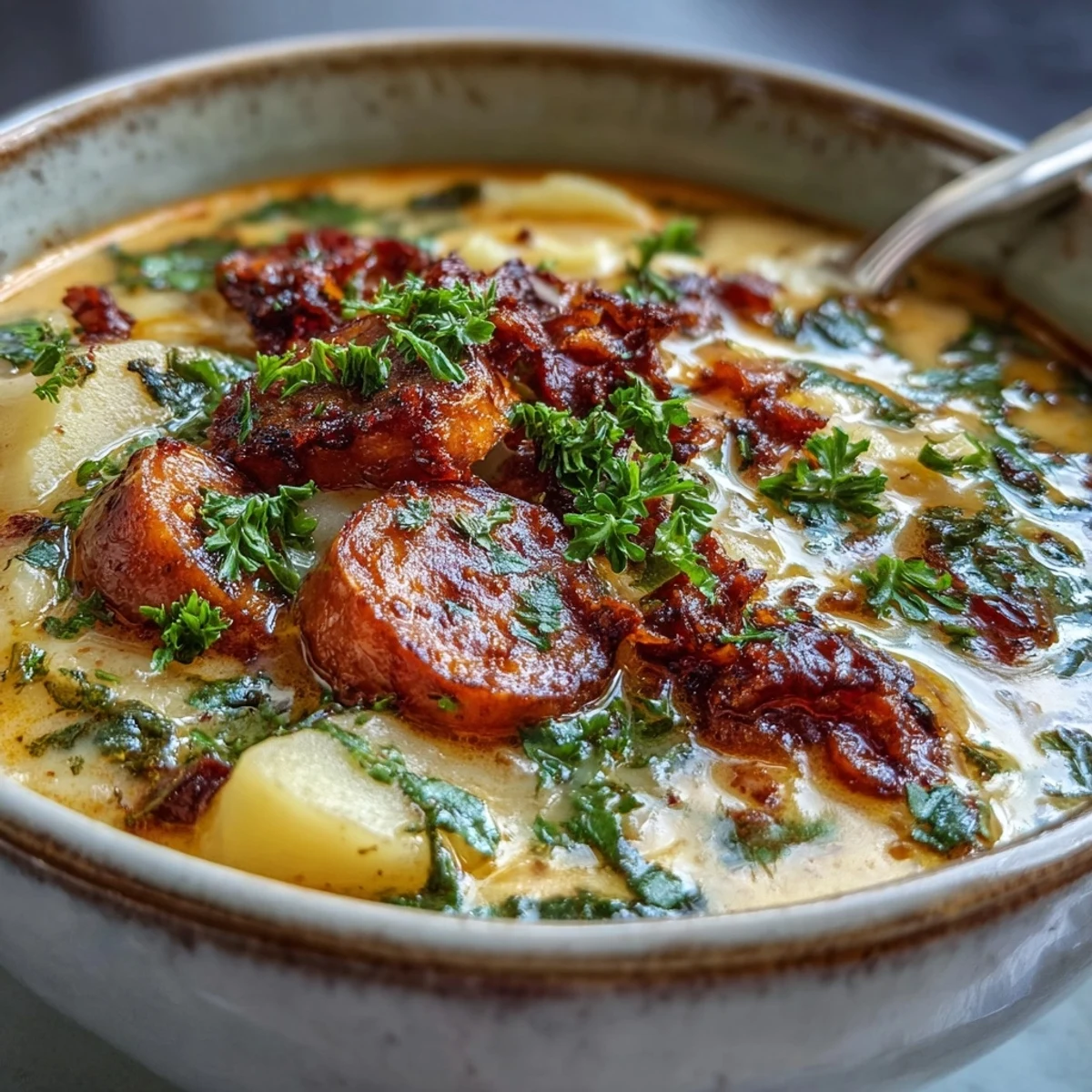 Steamy bowl of Potato, Leek and Chorizo Soup topped with fresh parsley and chorizo pieces.