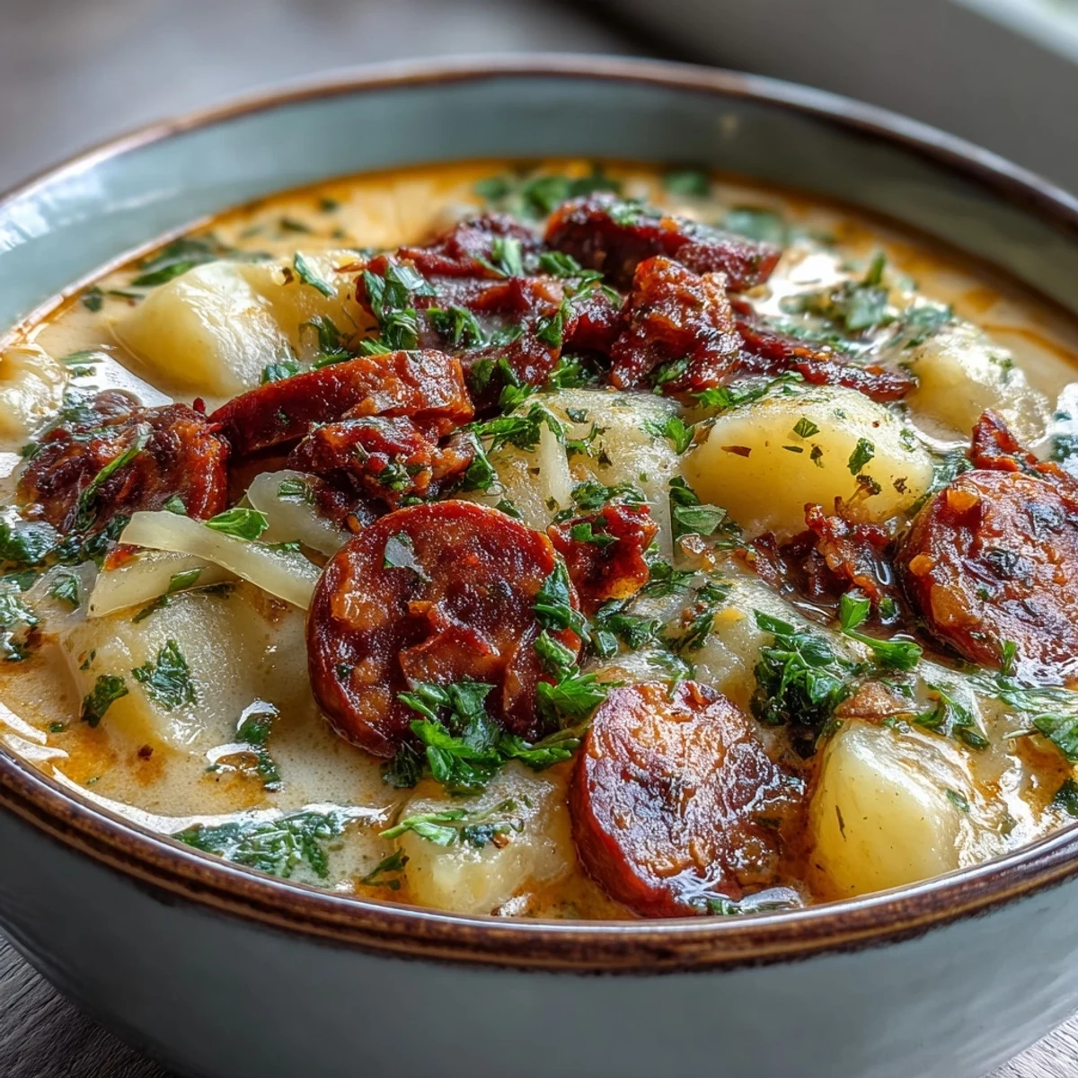 Hearty Potato, Leek and Chorizo Soup in a white ceramic bowl showing chunks of vegetables and sausage.