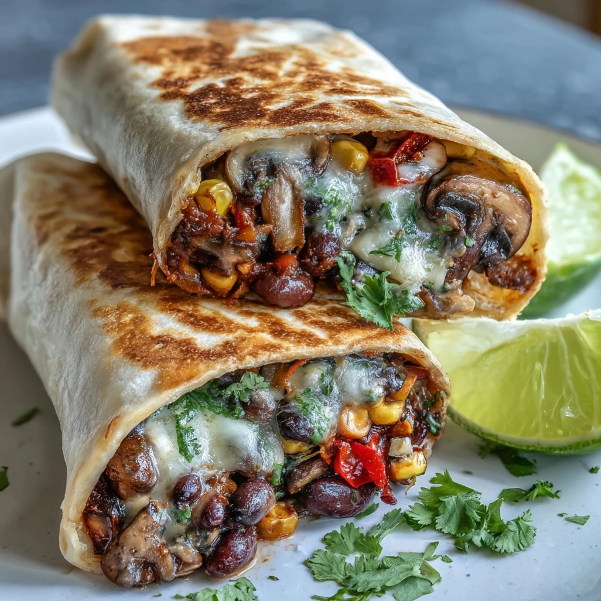 Golden-brown, cheesy Veggie Burritos filled with sautéed mushrooms, black beans, and corn, ready to be sliced open.