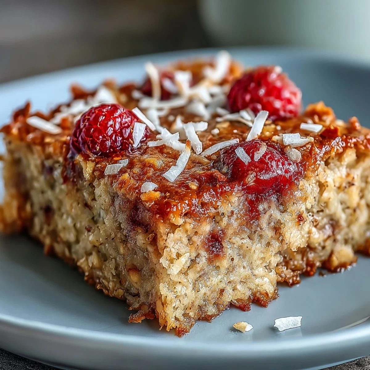 A close-up of baked oatmeal with raspberry and coconut showing soft oats, juicy berries, and crunchy coconut on a cozy table.