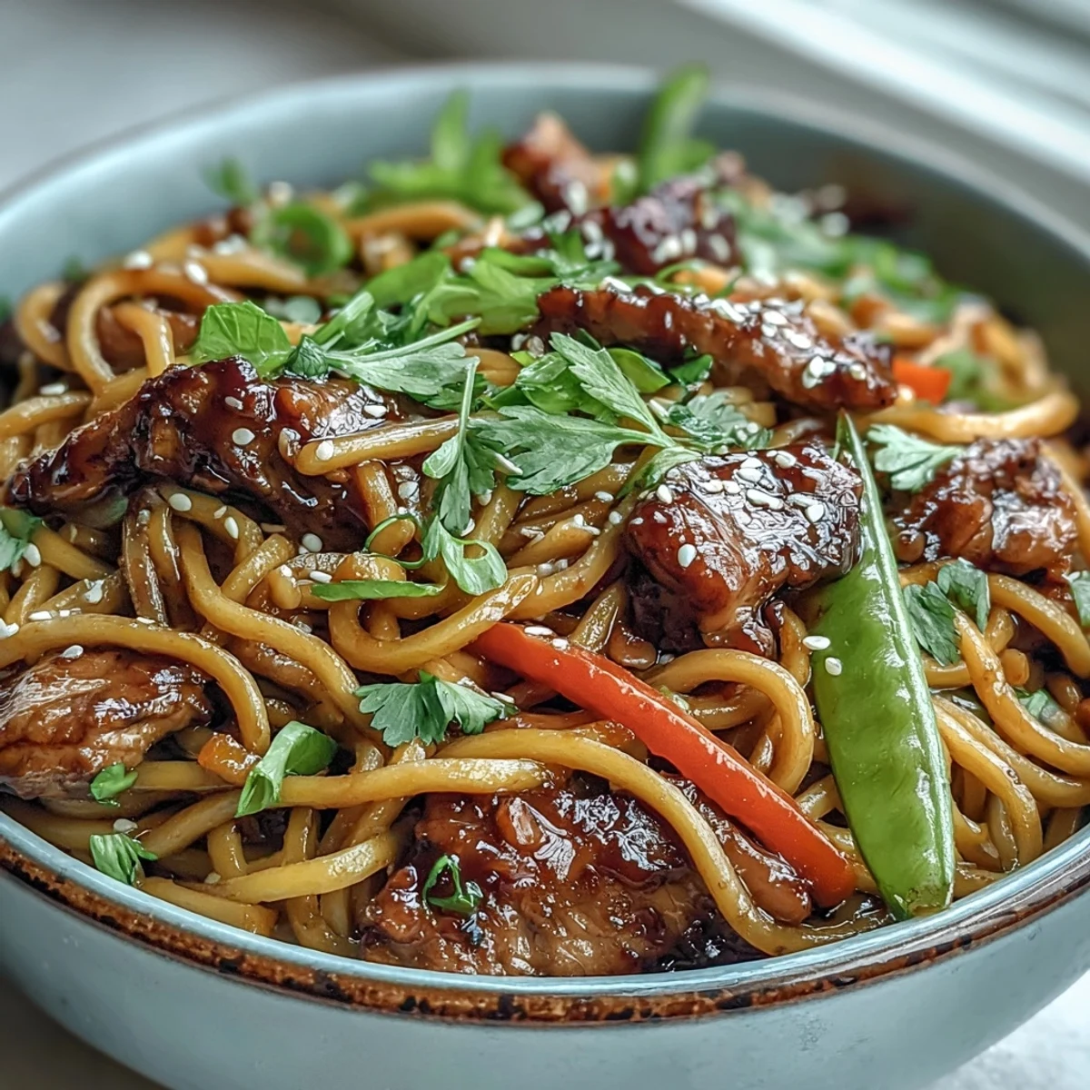 Golden stir-fried Pork Noodle Stir-Fry with colorful peppers, carrots, and snap peas tossed in savory sauce.