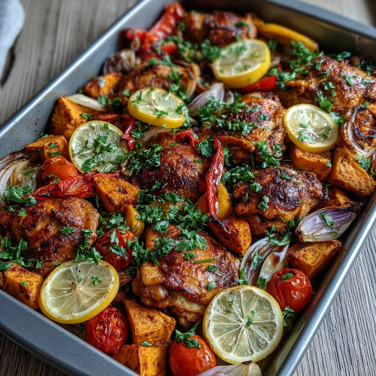 Juicy piri-piri chicken thighs roasted with golden sweet potato wedges and red bell peppers on a traybake.