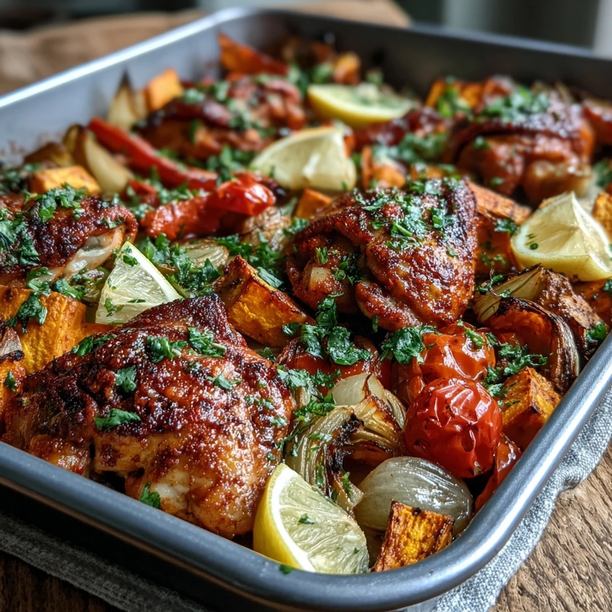 One-pan Mediterranean Chicken and Sweet Potato Traybake with tender vegetables, crispy chicken skin, and colorful peppers ready to plate.