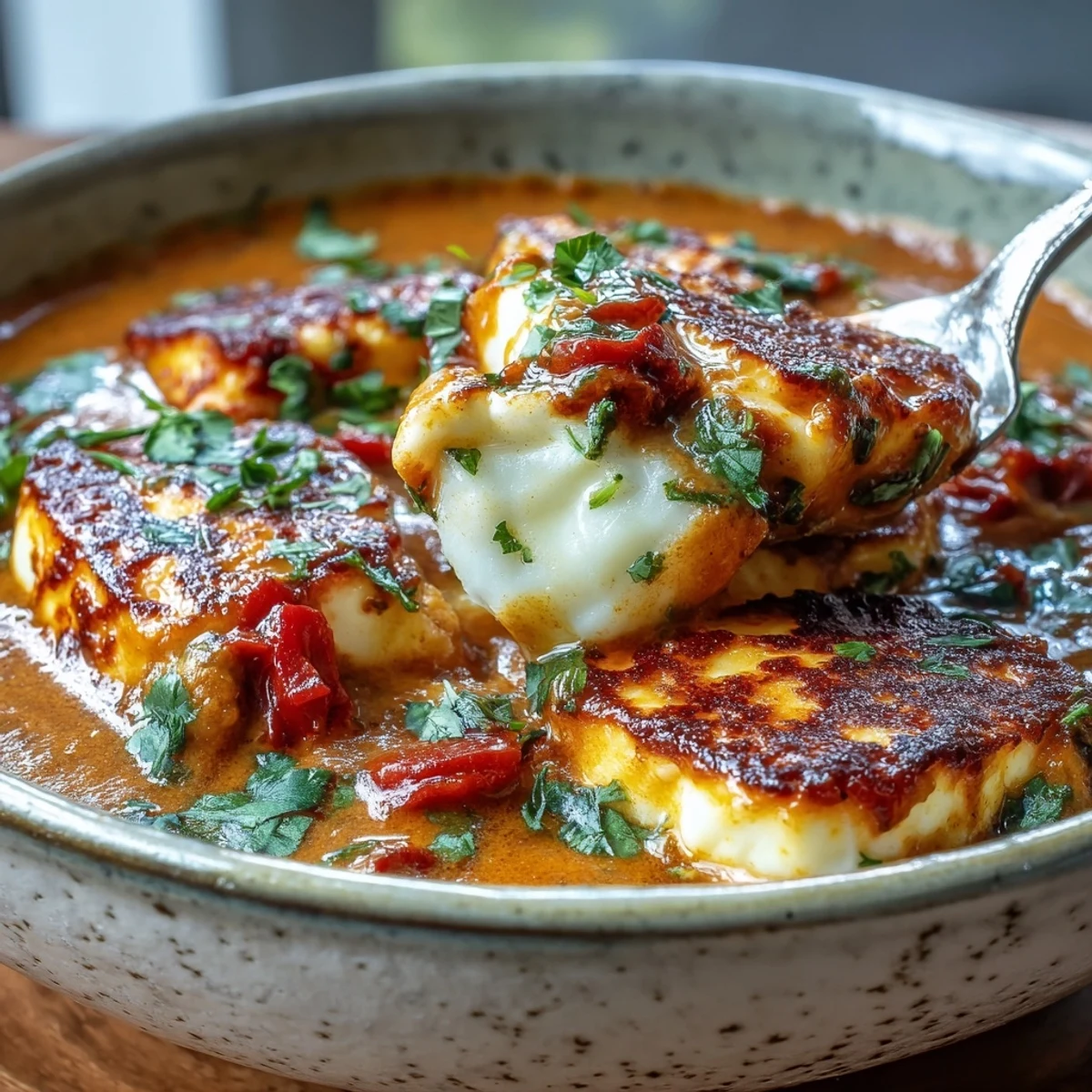 Golden fried halloumi cubes rest in a silky, spiced tomato and coconut curry sauce.