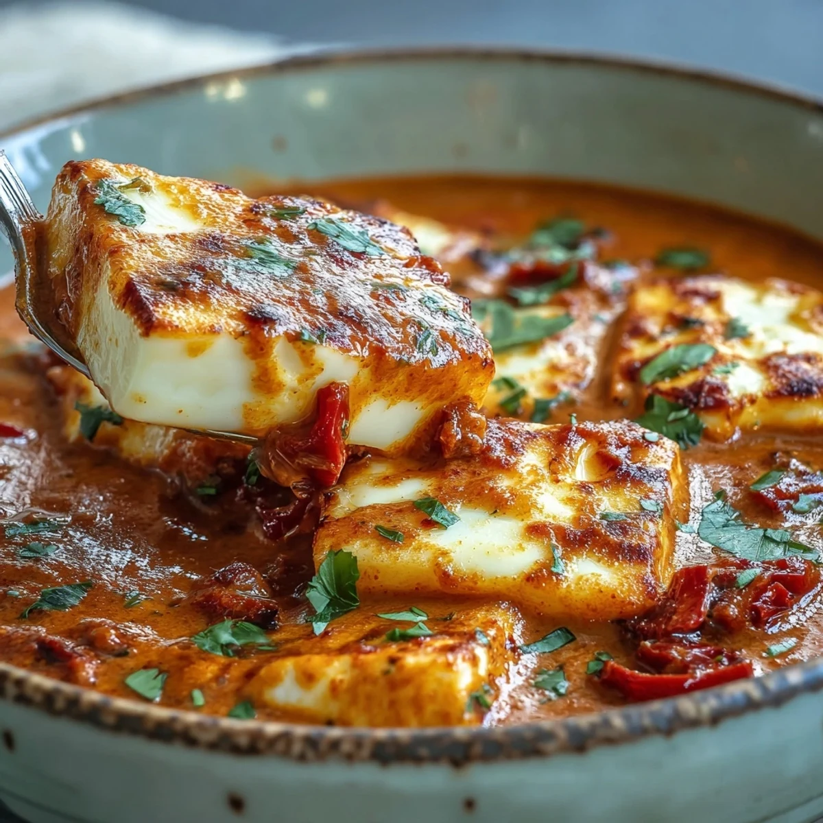 Creamy Halloumi and Tomato Curry served over steamed basmati rice with fresh cilantro.