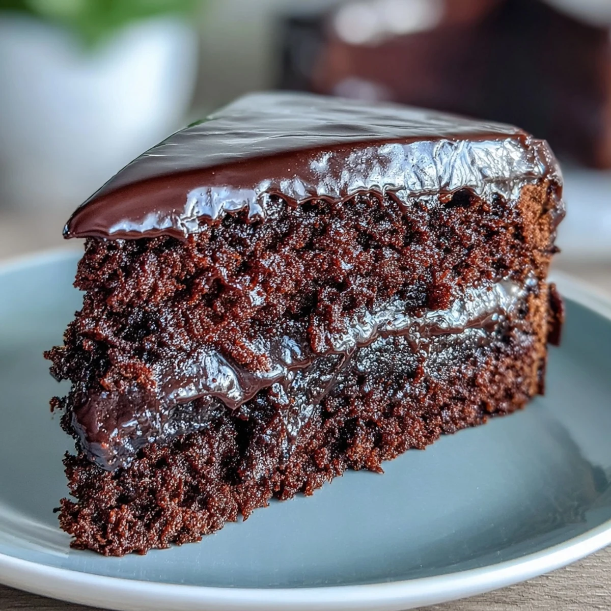 Freshly baked Easy Chocolate Fudge Cake layers on a wire rack, showcasing moist crumbs and a rich, glossy chocolate icing being smoothed on.