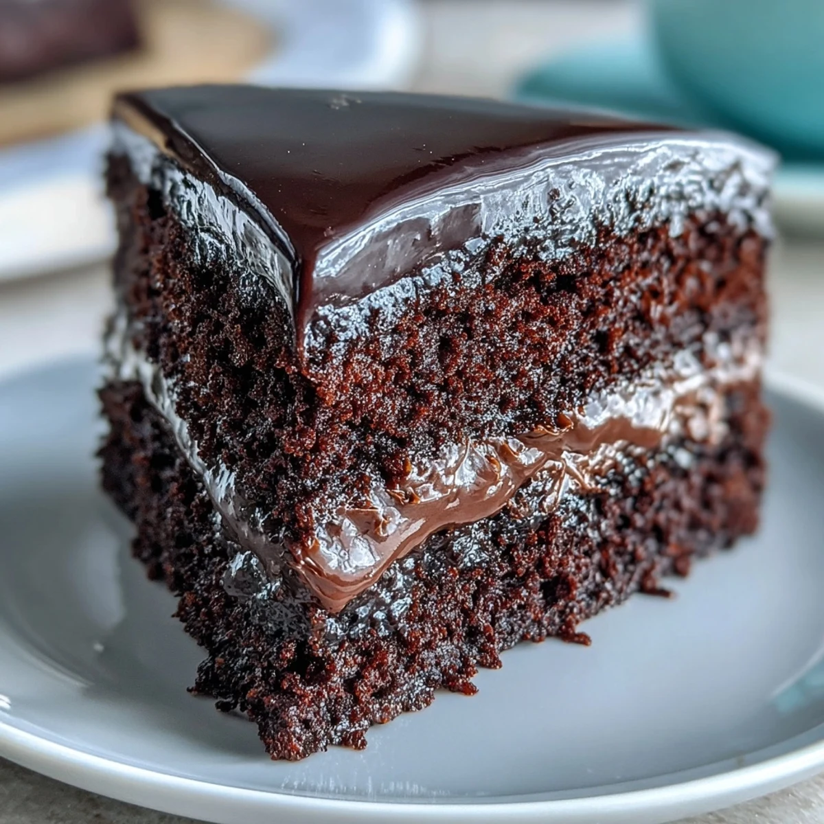 Two layers of Easy Chocolate Fudge Cake with silky chocolate icing, ready to be frosted for a decadent British dessert celebration.