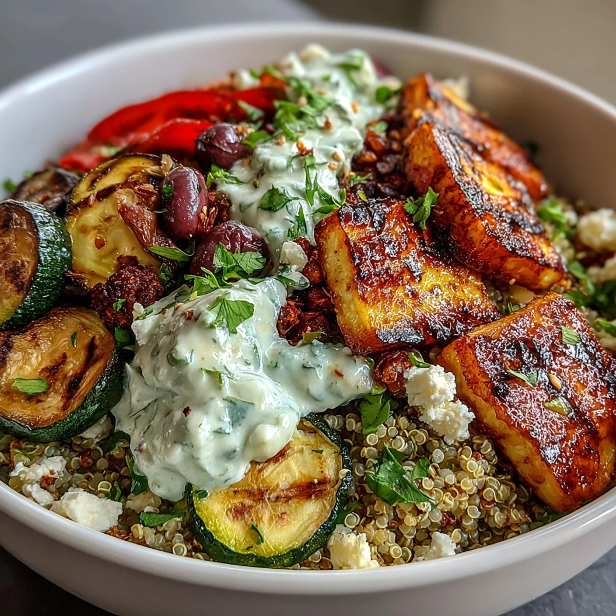 A generous dollop of creamy tzatziki, feta, and Kalamata olives crowns this vibrant, wholesome Mediterranean bowl.