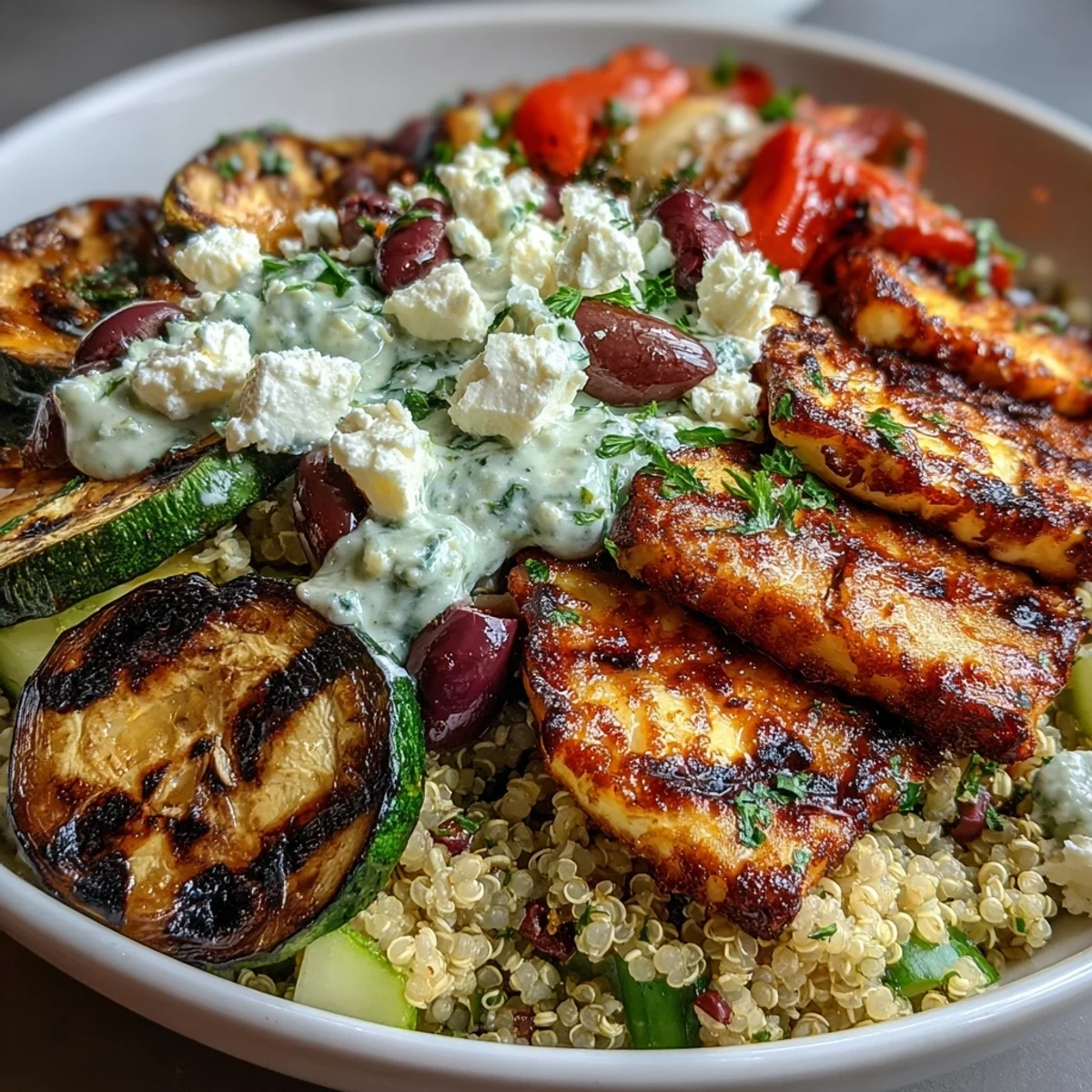 Sizzling vegetables and juicy protein sit atop nutty quinoa, garnished with fresh parsley and tangy tzatziki.