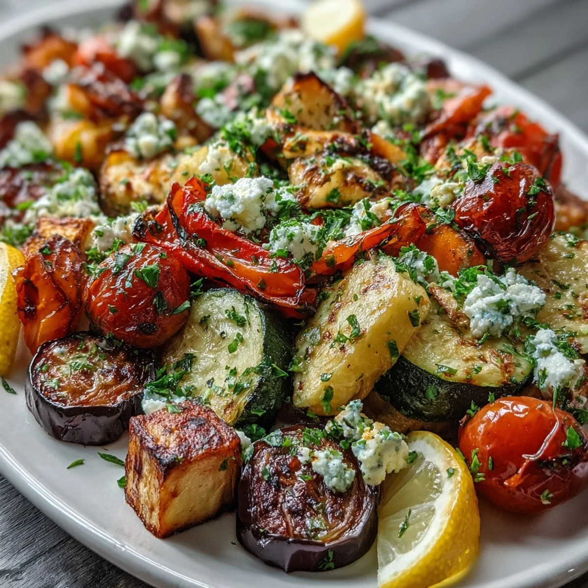 Platter of Roasted Mediterranean Greek Vegetables topped with feta and parsley, served with warm pita bread.