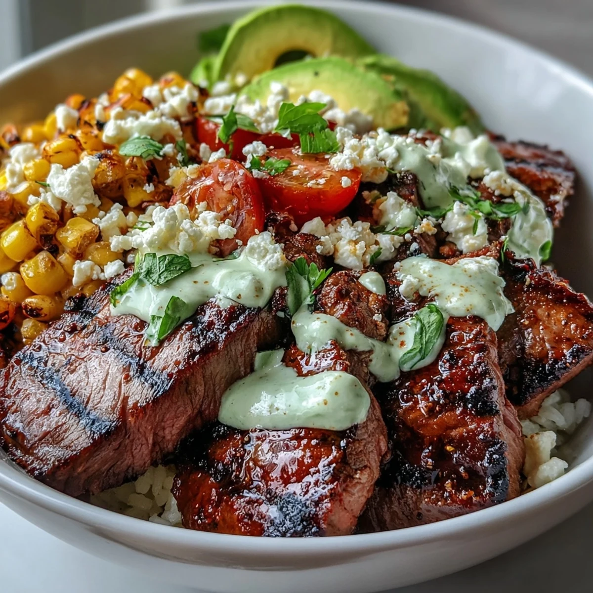 Juicy steak slices and avocado chunks sit on grains, drizzled with green cilantro cream for a zesty finish.
